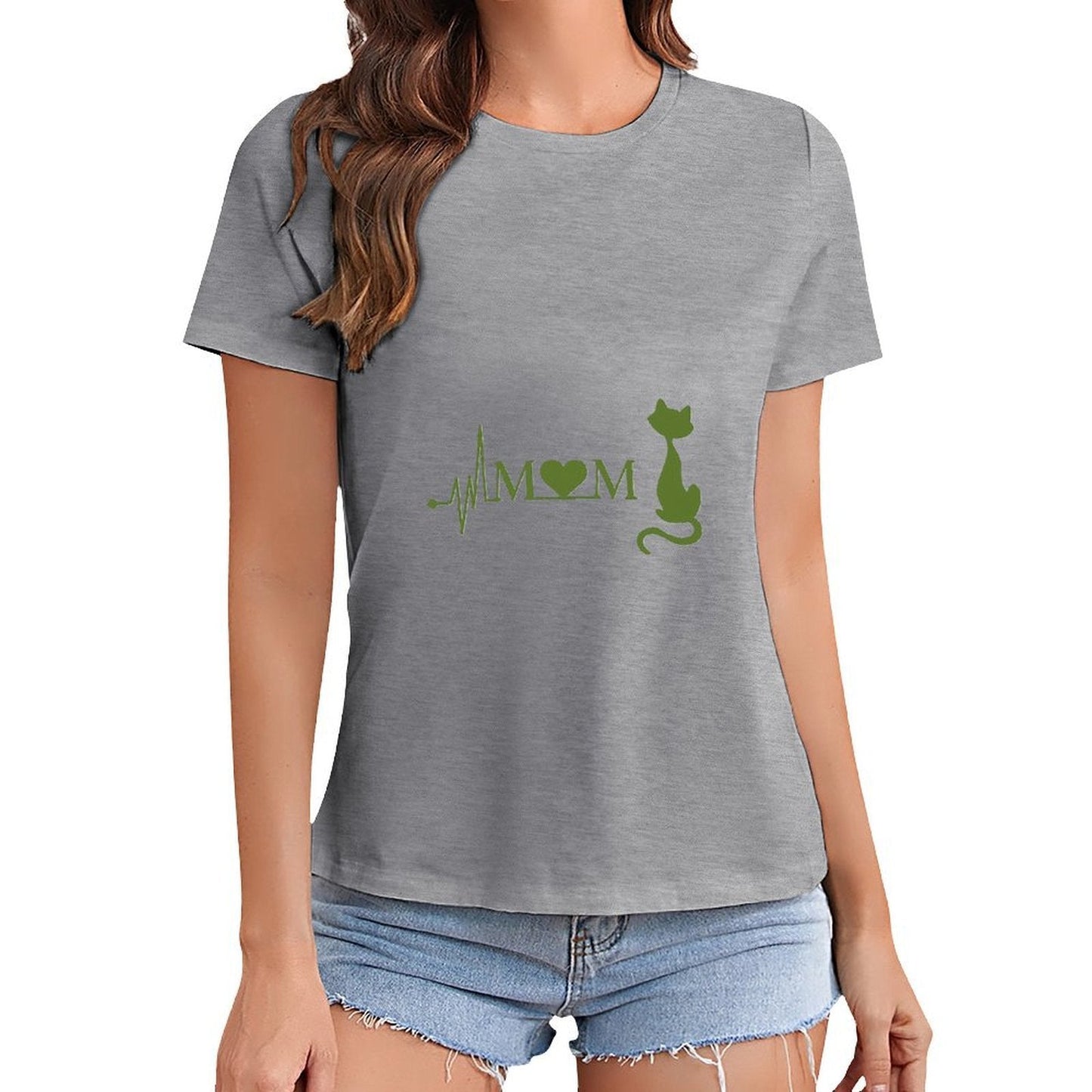 Gildan T-shirt Women Mom Loves Cats Heartbeat - U1 Spring and Summer Round Neck Short - sleeved Tops Women's Casual Sports T-shirt - TrendyLookz