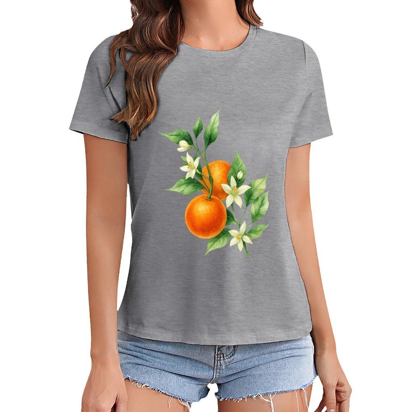 Gildan T-shirt Women Orange Blossoms And Fruit Spring and Summer Round Neck Short - sleeved Tops Women's Casual Sports T-shirt - TrendyLookz