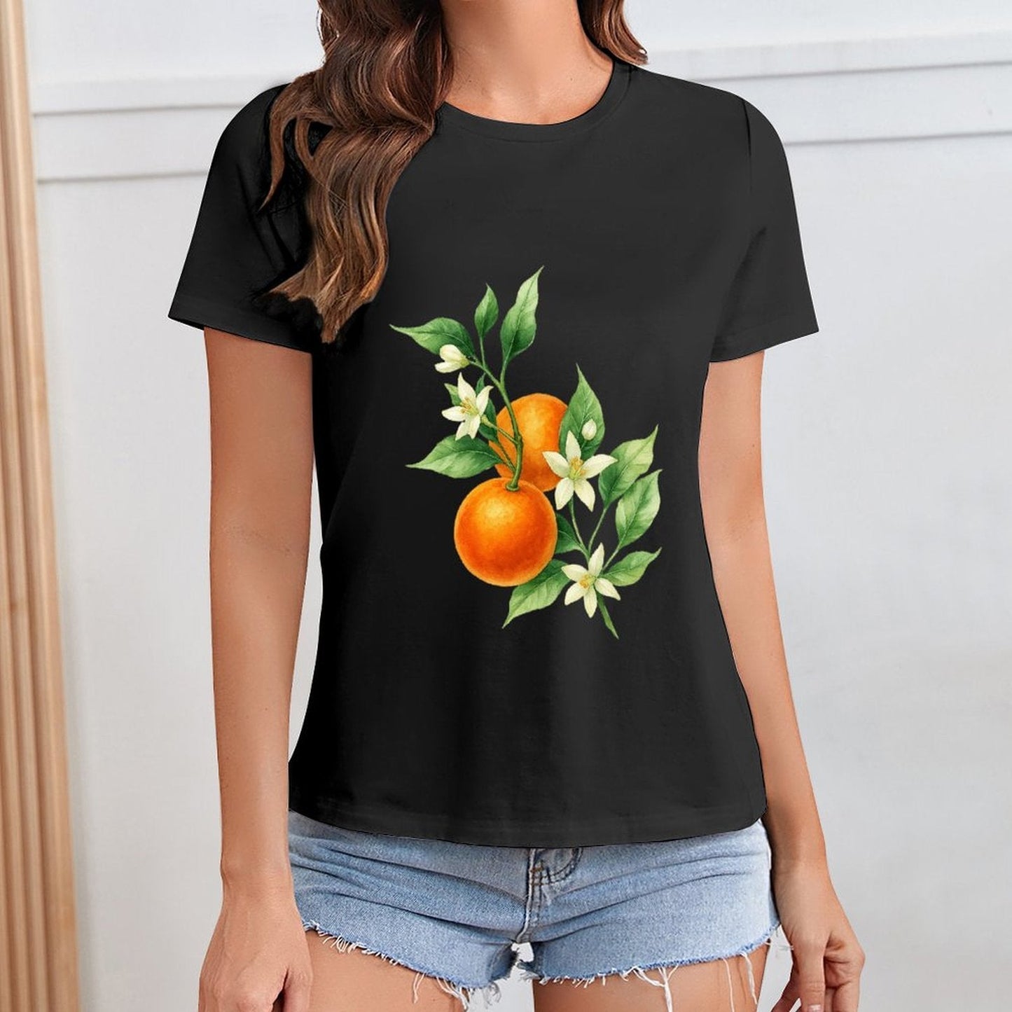 Gildan T-shirt Women Orange Blossoms And Fruit Spring and Summer Round Neck Short - sleeved Tops Women's Casual Sports T-shirt - TrendyLookz