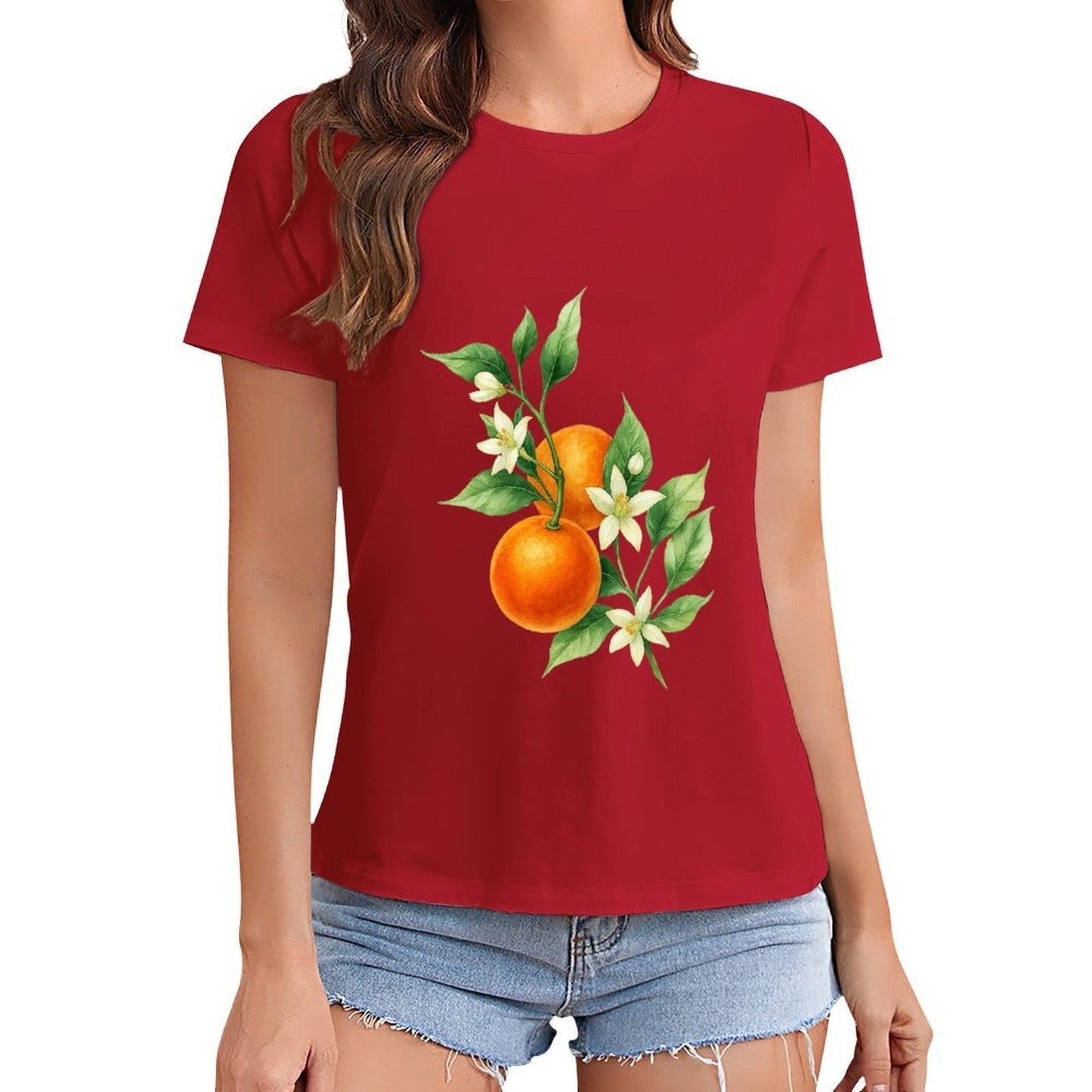Gildan T-shirt Women Orange Blossoms And Fruit Spring and Summer Round Neck Short - sleeved Tops Women's Casual Sports T-shirt - TrendyLookz