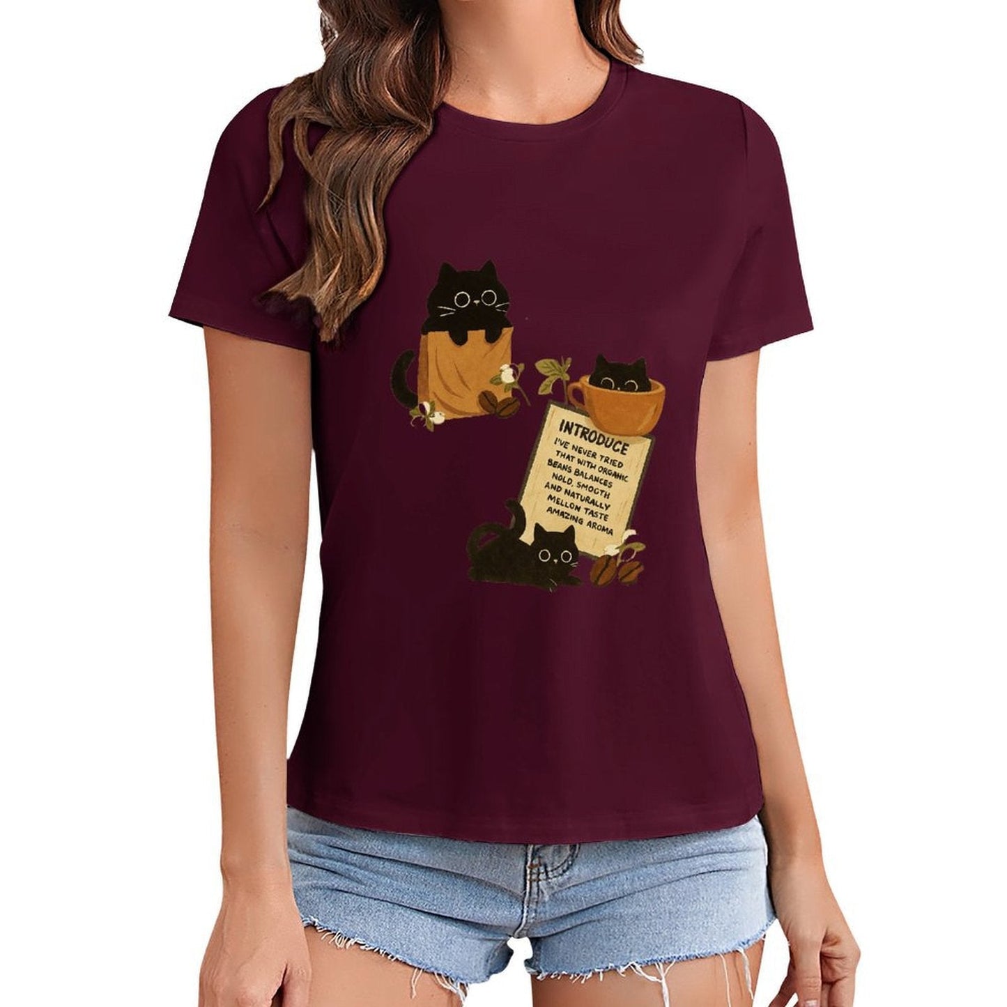Gildan T-shirt Women Organic Coffee Cats Delight - U1 Spring and Summer Round Neck Short - sleeved Tops Women's Casual Sports T-shirt - TrendyLookz