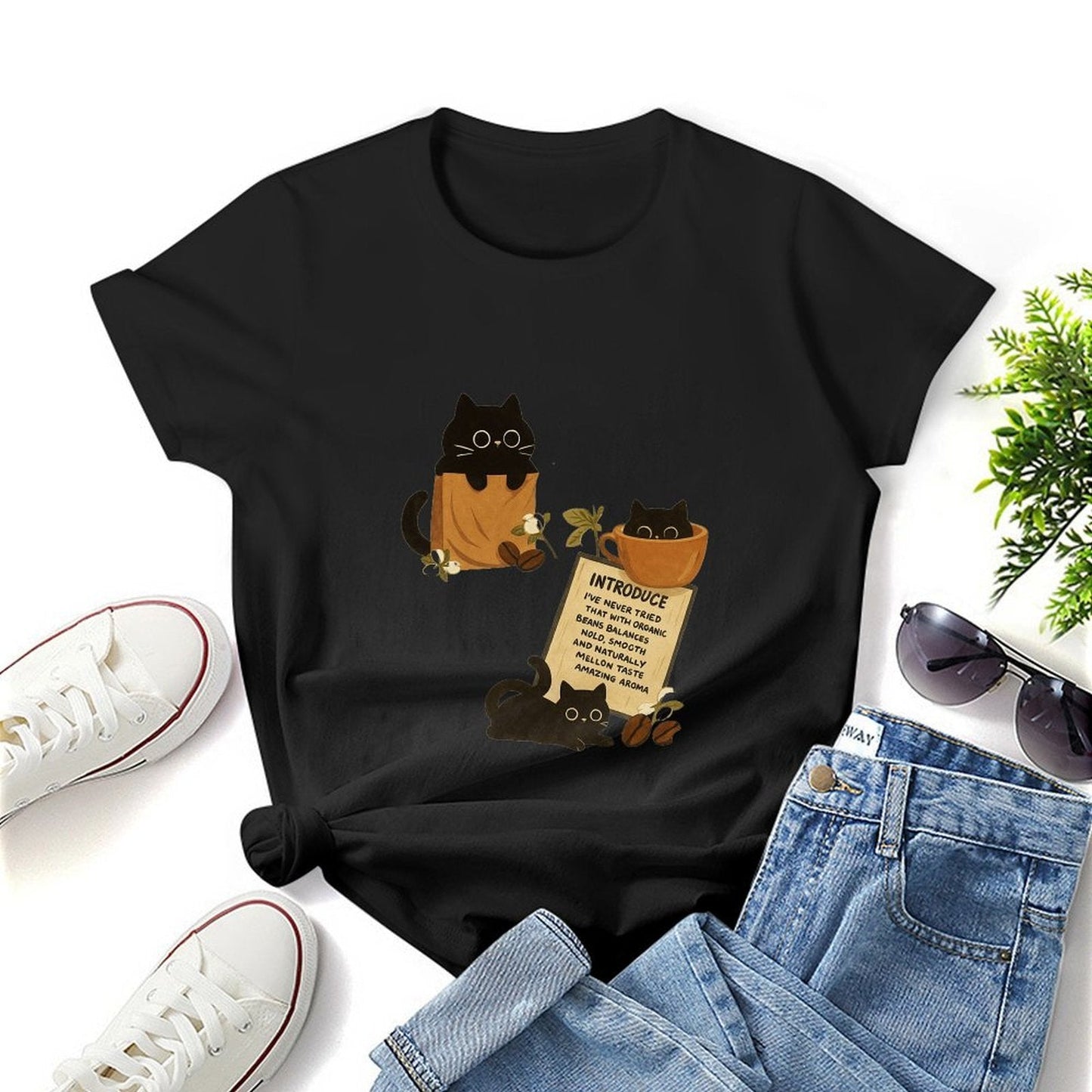 Gildan T-shirt Women Organic Coffee Cats Delight - U1 Spring and Summer Round Neck Short - sleeved Tops Women's Casual Sports T-shirt - TrendyLookz