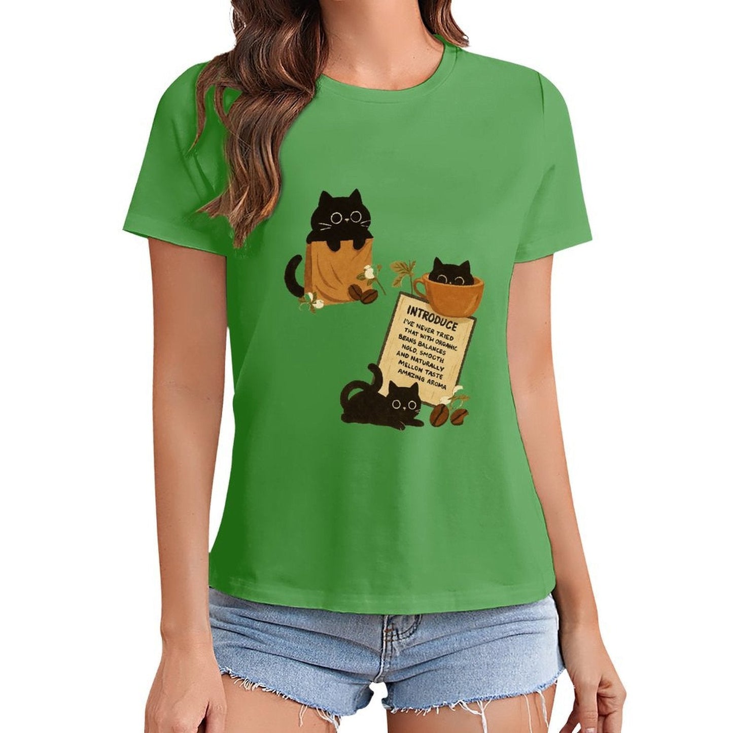 Gildan T-shirt Women Organic Coffee Cats Delight - U1 Spring and Summer Round Neck Short - sleeved Tops Women's Casual Sports T-shirt - TrendyLookz
