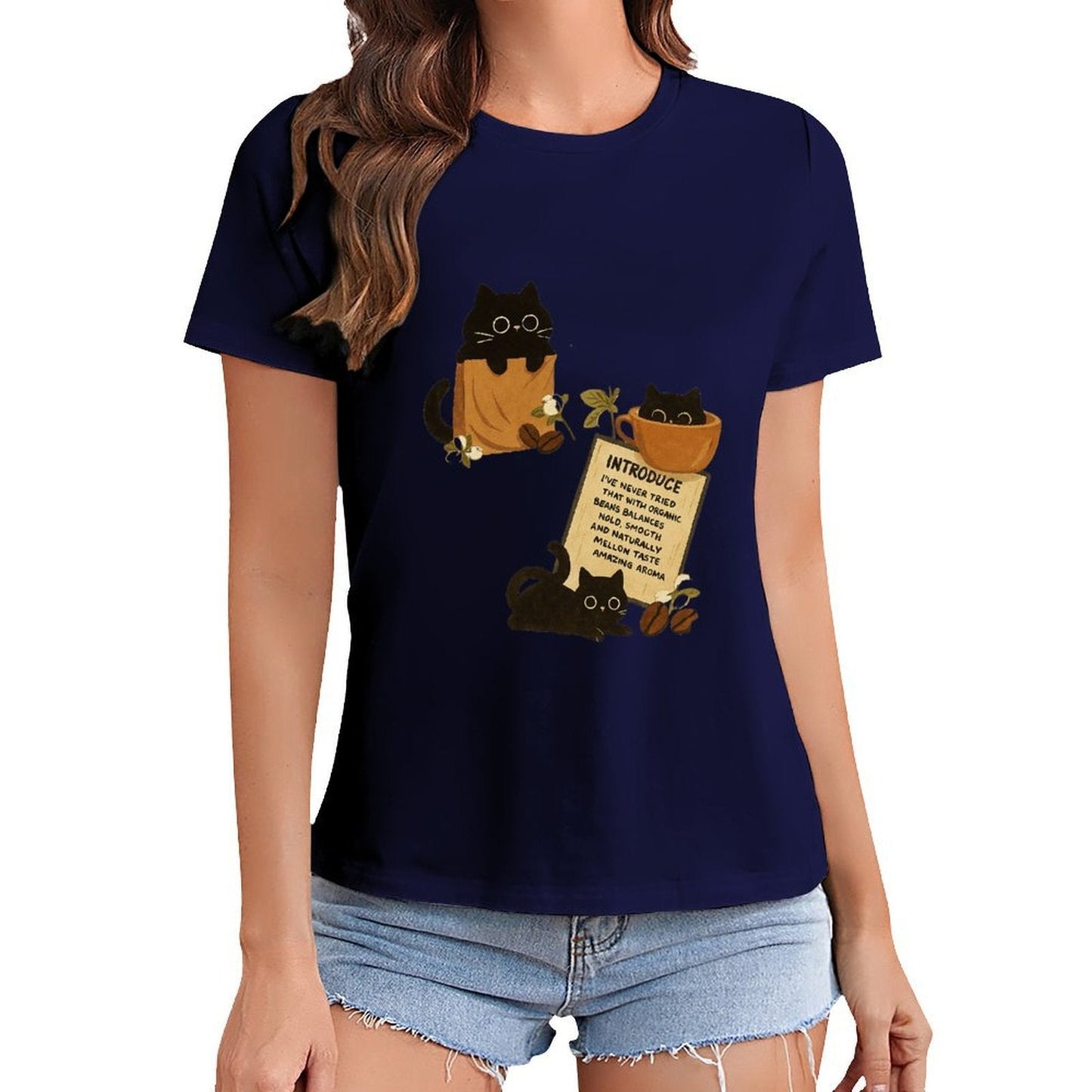 Gildan T-shirt Women Organic Coffee Cats Delight - U1 Spring and Summer Round Neck Short - sleeved Tops Women's Casual Sports T-shirt - TrendyLookz