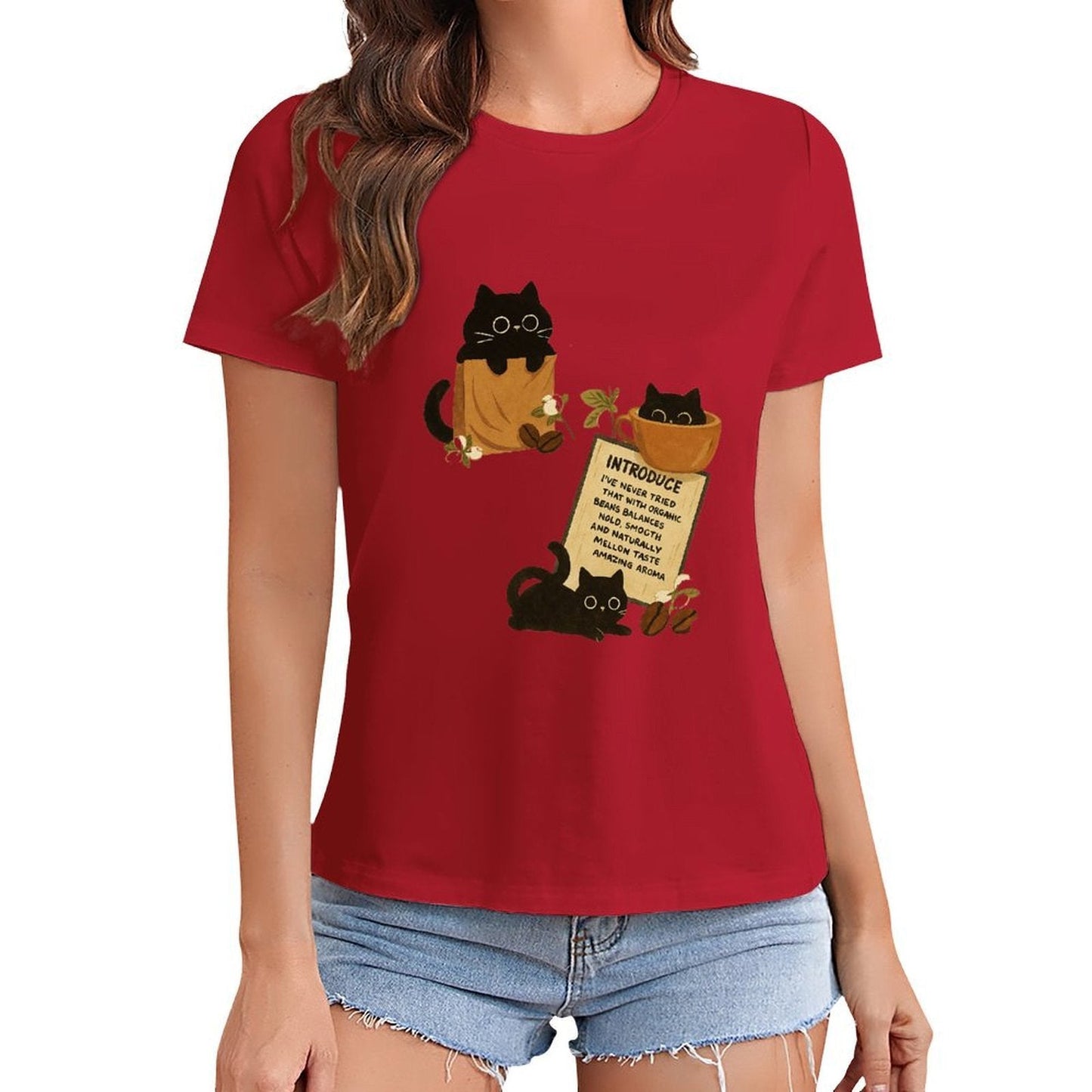 Gildan T-shirt Women Organic Coffee Cats Delight - U1 Spring and Summer Round Neck Short - sleeved Tops Women's Casual Sports T-shirt - TrendyLookz