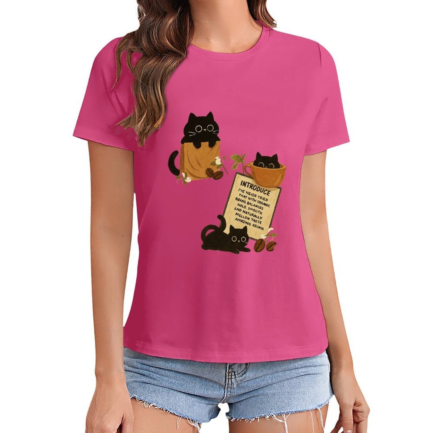 Gildan T-shirt Women Organic Coffee Cats Delight - U1 Spring and Summer Round Neck Short - sleeved Tops Women's Casual Sports T-shirt - TrendyLookz