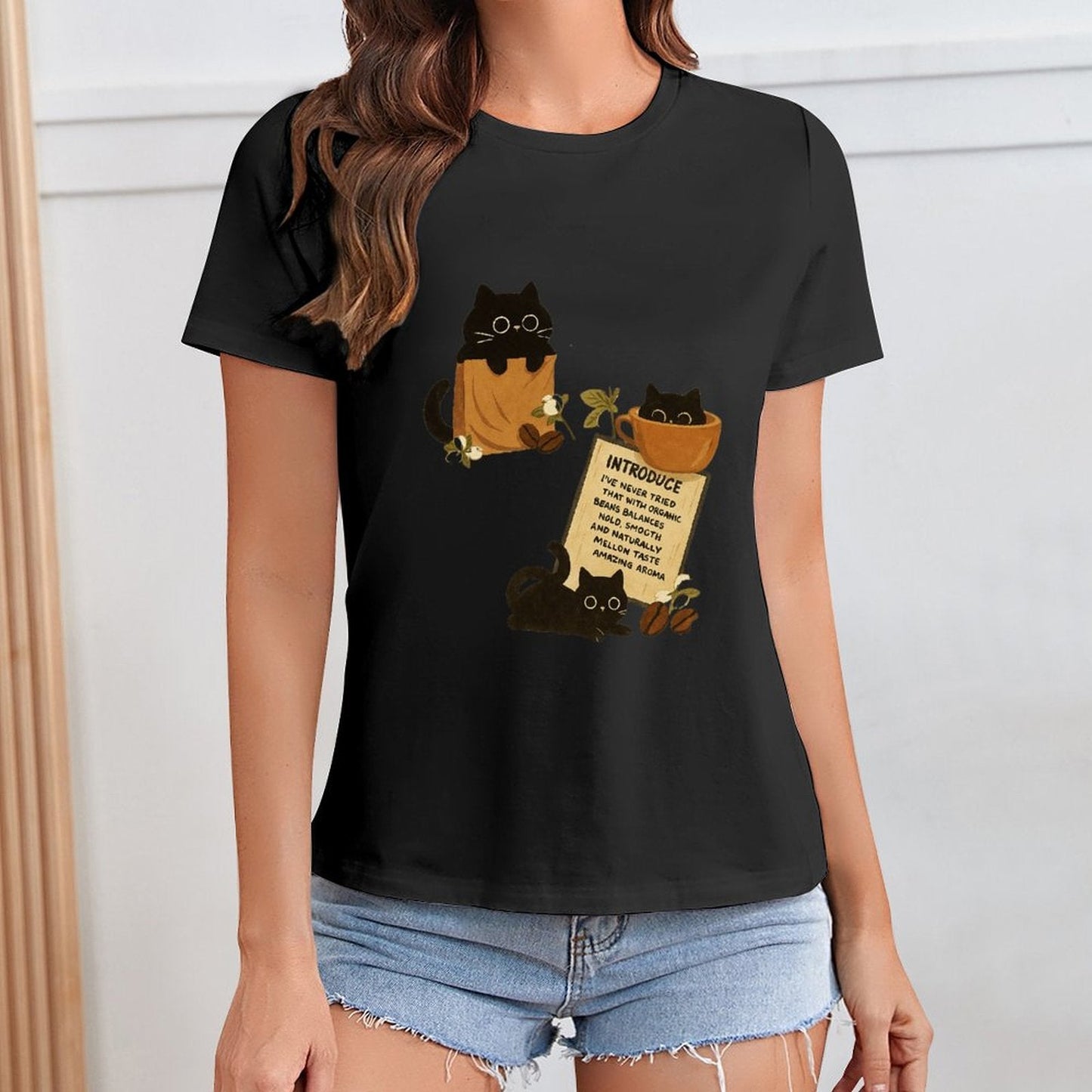 Gildan T-shirt Women Organic Coffee Cats Delight - U1 Spring and Summer Round Neck Short - sleeved Tops Women's Casual Sports T-shirt - TrendyLookz