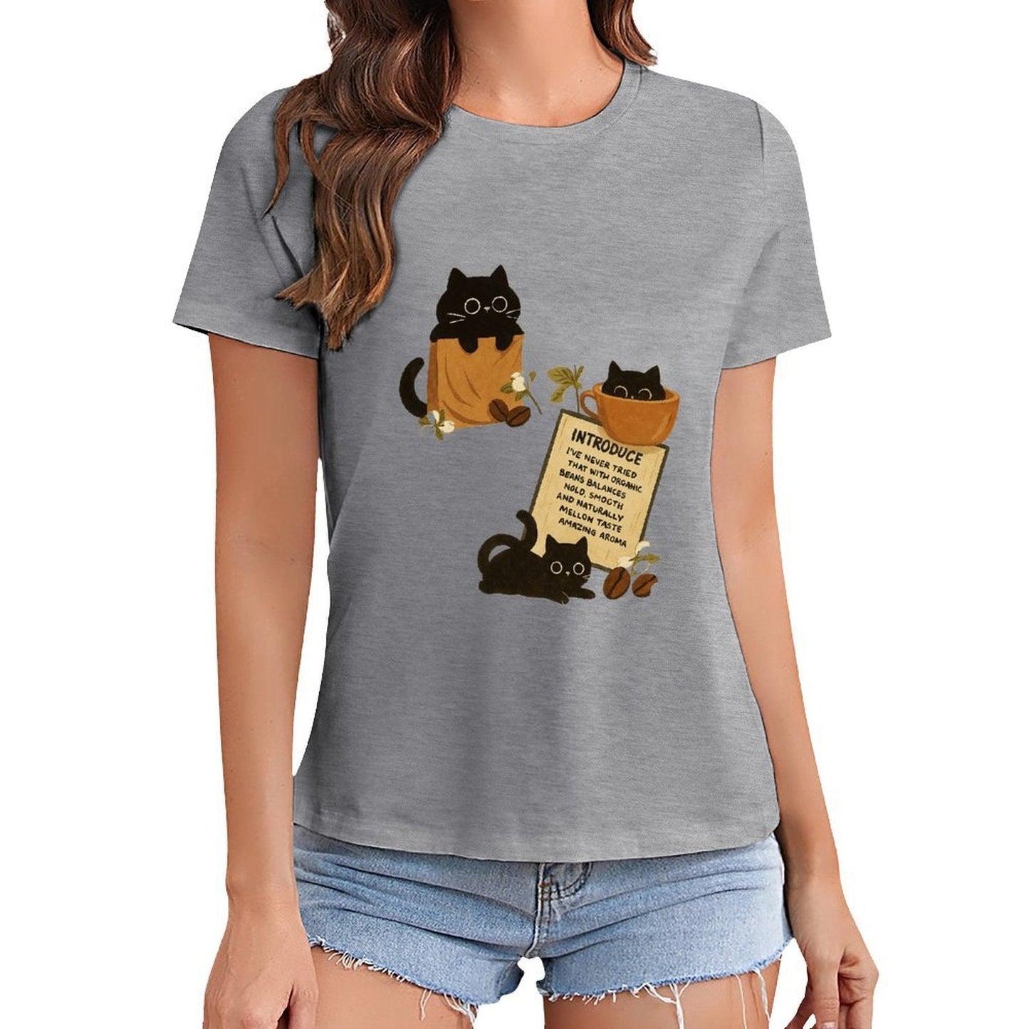 Gildan T-shirt Women Organic Coffee Cats Delight - U1 Spring and Summer Round Neck Short - sleeved Tops Women's Casual Sports T-shirt - TrendyLookz