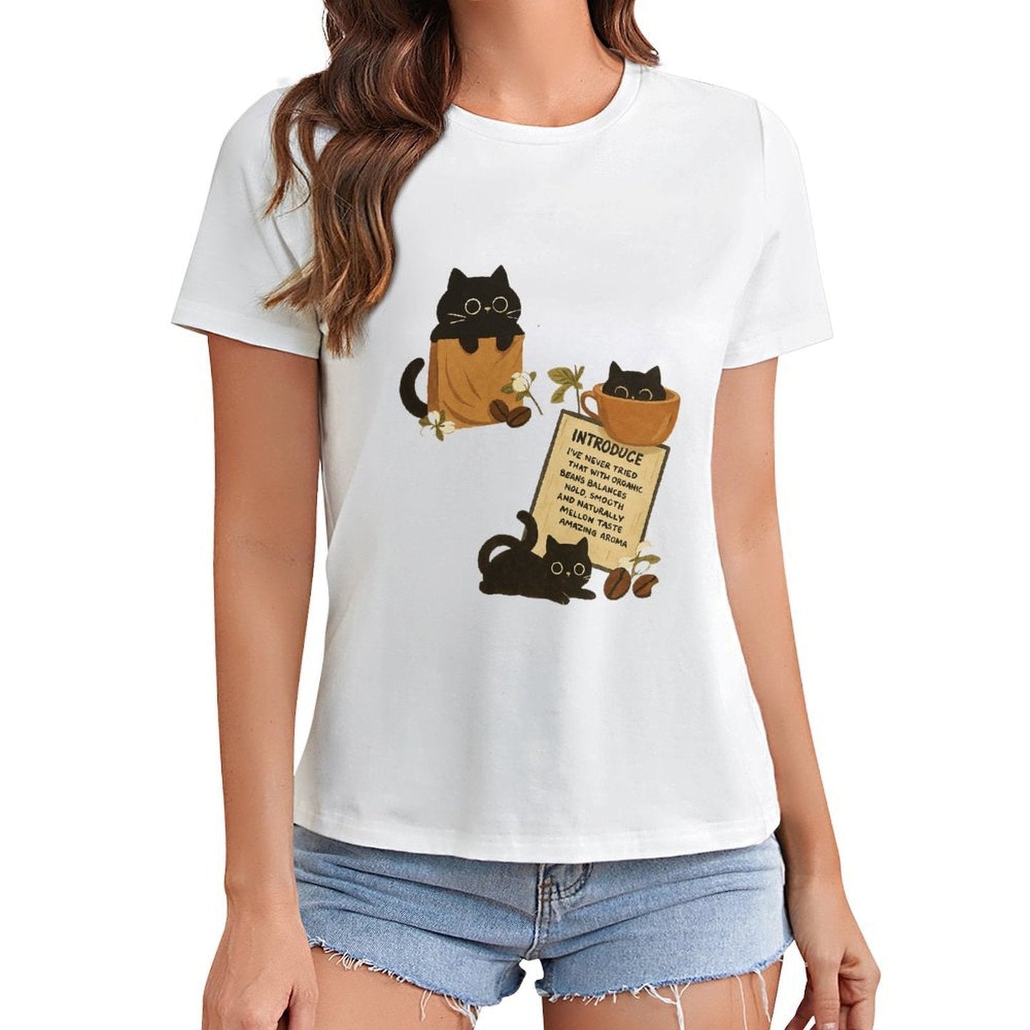 Gildan T-shirt Women Organic Coffee Cats Delight - U1 Spring and Summer Round Neck Short - sleeved Tops Women's Casual Sports T-shirt - TrendyLookz