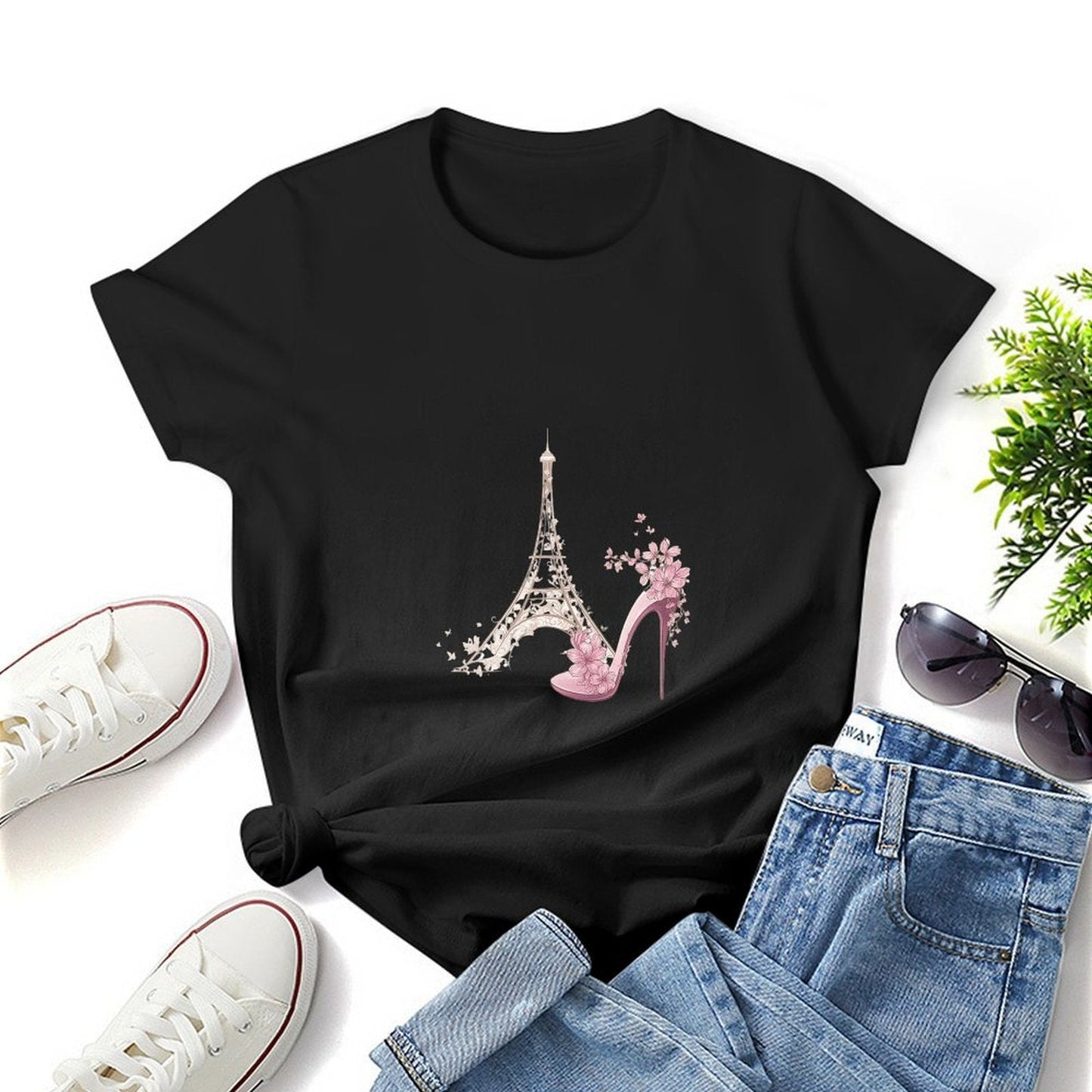 Gildan T-shirt Women Paris Fashion Blossom Elegance Spring and Summer Round Neck Short - sleeved Tops Women's Casual Sports T-shirt - TrendyLookz