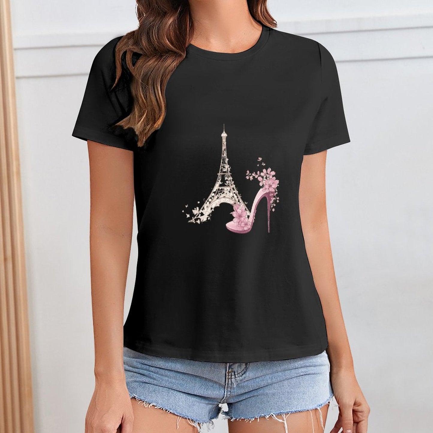Gildan T-shirt Women Paris Fashion Blossom Elegance Spring and Summer Round Neck Short - sleeved Tops Women's Casual Sports T-shirt - TrendyLookz