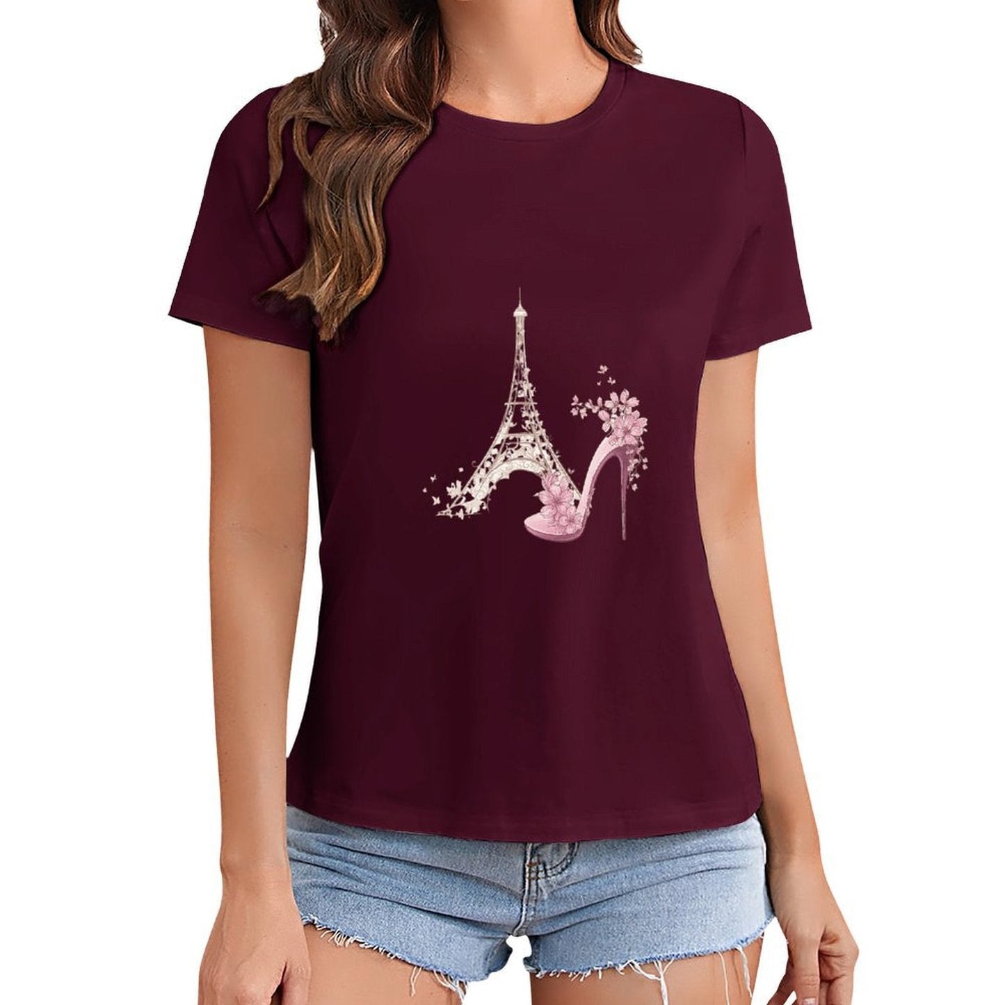 Gildan T-shirt Women Paris Fashion Blossom Elegance Spring and Summer Round Neck Short - sleeved Tops Women's Casual Sports T-shirt - TrendyLookz