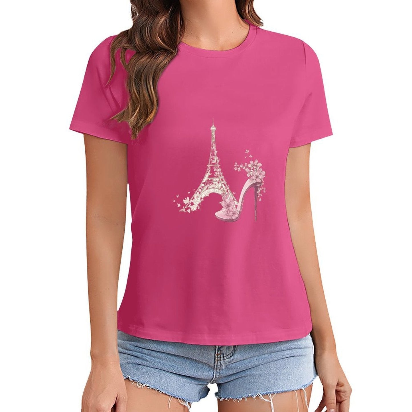 Gildan T-shirt Women Paris Fashion Blossom Elegance Spring and Summer Round Neck Short - sleeved Tops Women's Casual Sports T-shirt - TrendyLookz