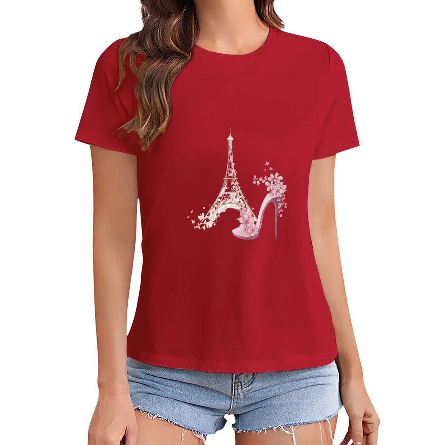 Gildan T-shirt Women Paris Fashion Blossom Elegance Spring and Summer Round Neck Short - sleeved Tops Women's Casual Sports T-shirt - TrendyLookz