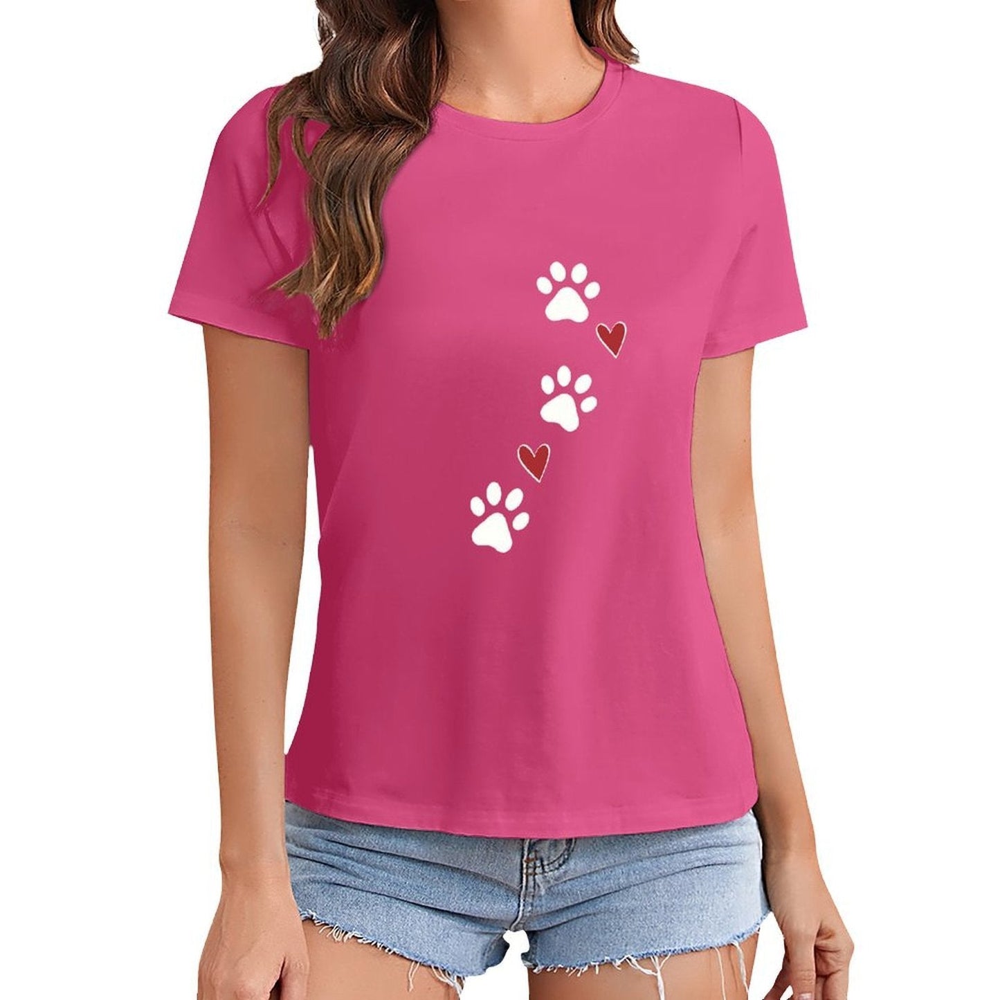 Gildan T-shirt Women Paw Prints And Hearts - U1 Spring and Summer Round Neck Short - sleeved Tops Women's Casual Sports T-shirt - TrendyLookz