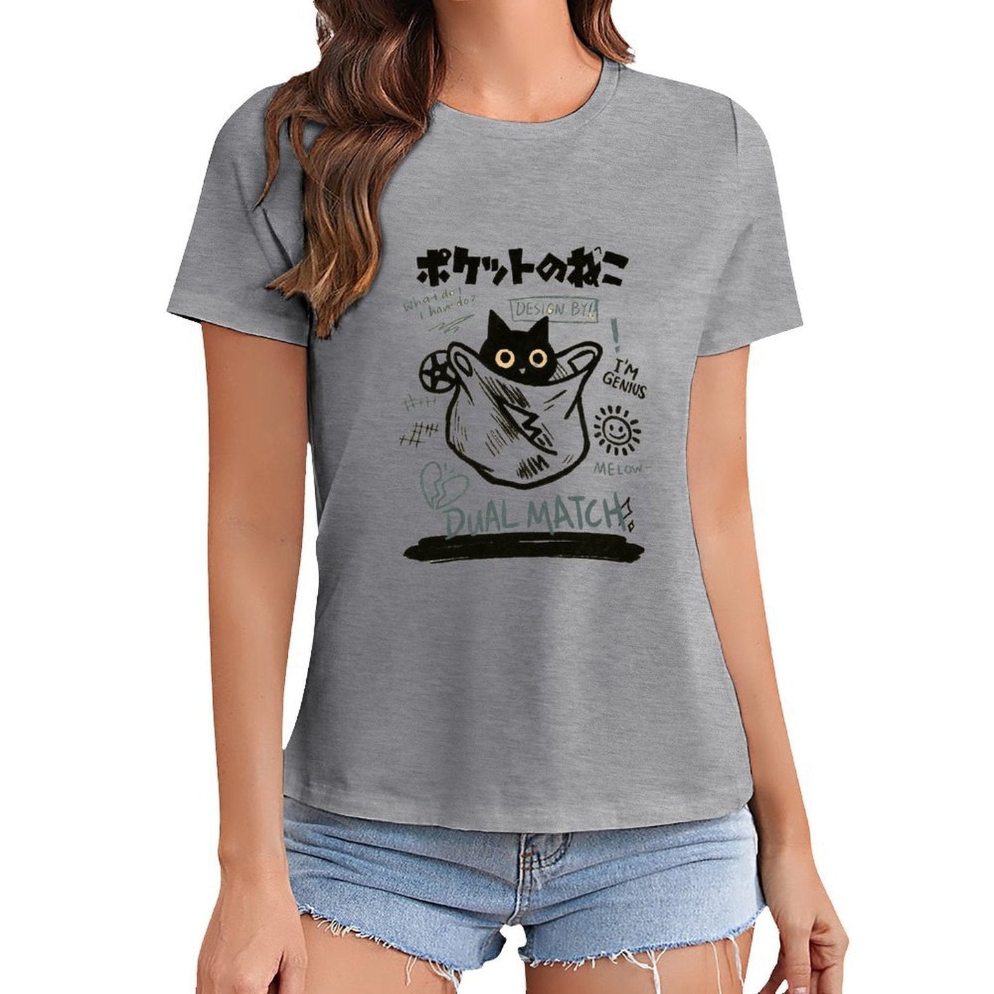 Gildan T-shirt Women Pocket Cat Genius Design - U1 Spring and Summer Round Neck Short - sleeved Tops Women's Casual Sports T-shirt - TrendyLookz