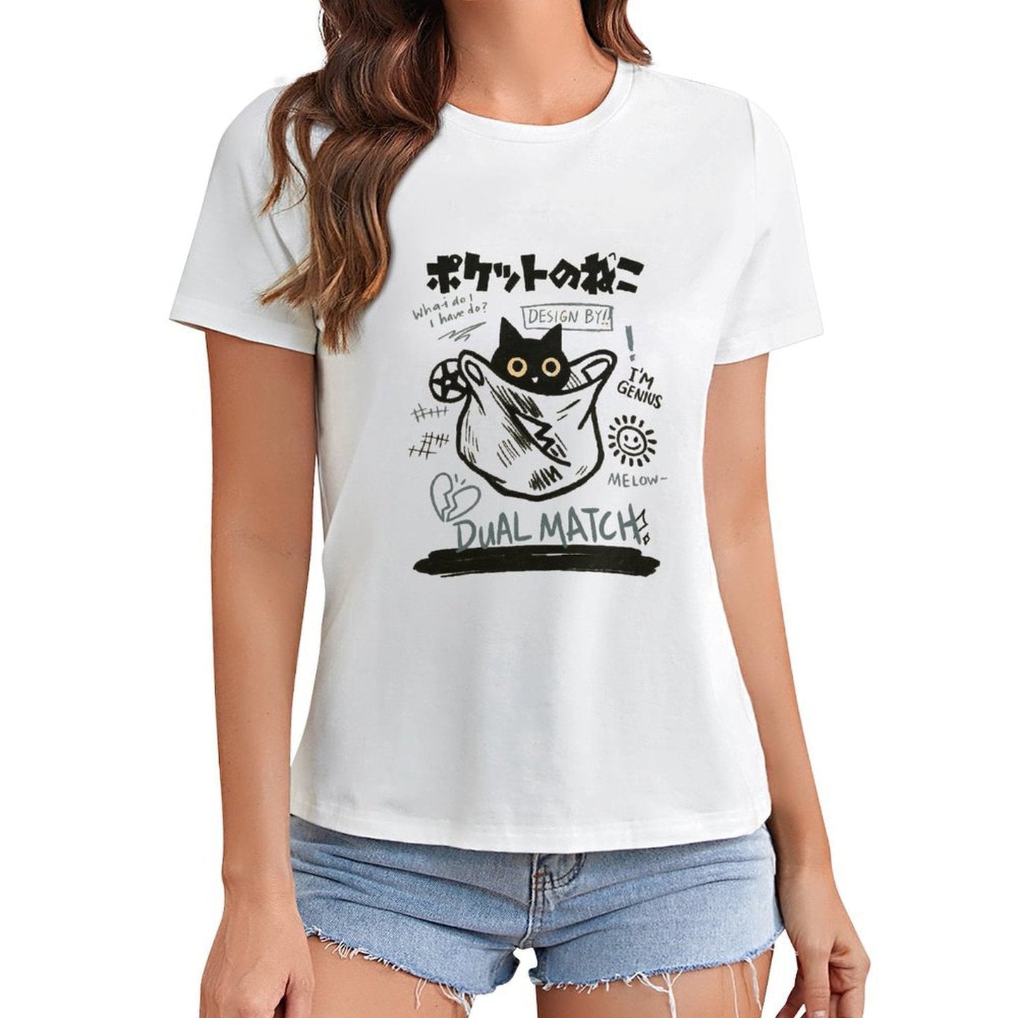 Gildan T-shirt Women Pocket Cat Genius Design - U1 Spring and Summer Round Neck Short - sleeved Tops Women's Casual Sports T-shirt - TrendyLookz