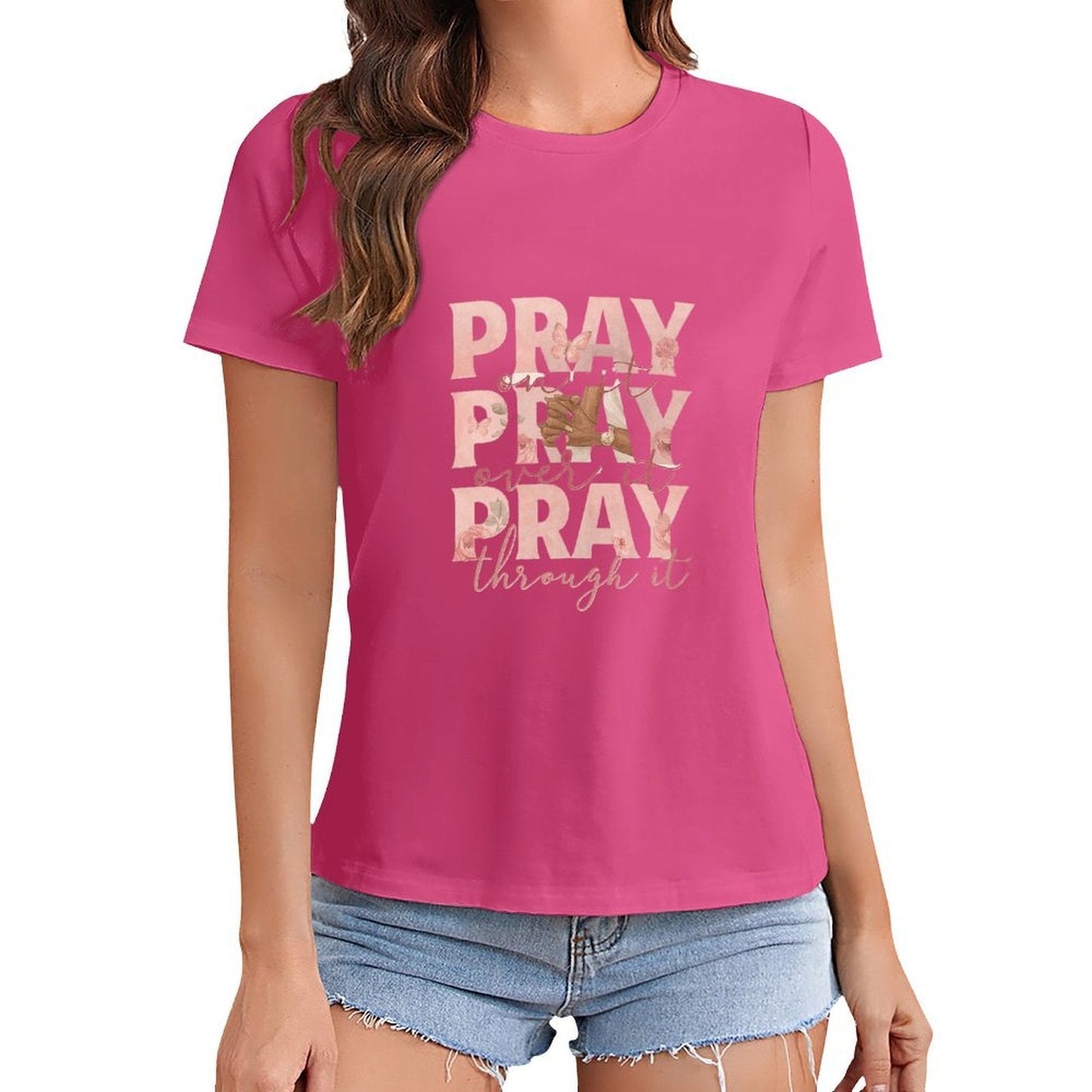 Gildan T-shirt Women Pray On, Over, Through Spring and Summer Round Neck Short - sleeved Tops Women's Casual Sports T-shirt - TrendyLookz