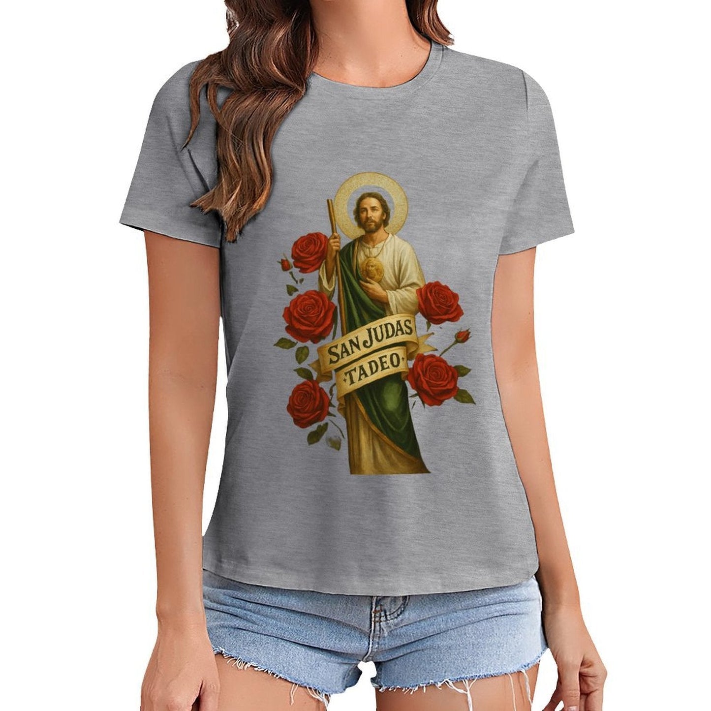 Gildan T-shirt Women Saint Jude Thaddeus Iconography Spring and Summer Round Neck Short - sleeved Tops Women's Casual Sports T-shirt - TrendyLookz