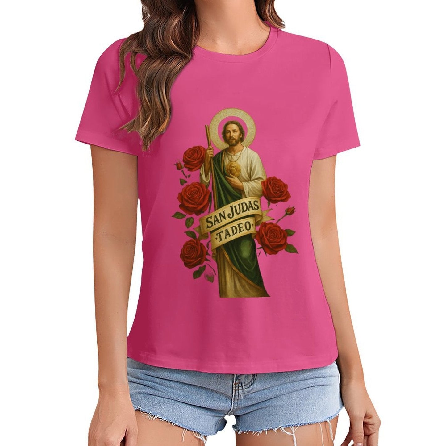 Gildan T-shirt Women Saint Jude Thaddeus Iconography Spring and Summer Round Neck Short - sleeved Tops Women's Casual Sports T-shirt - TrendyLookz