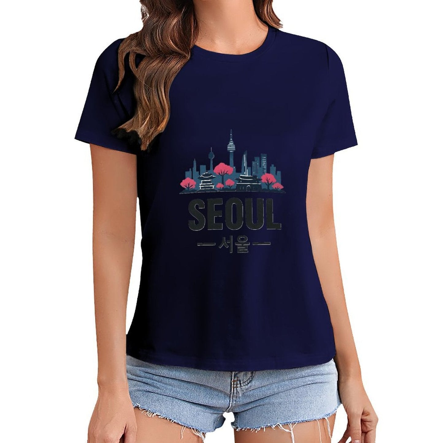 Gildan T-shirt Women Seoul Skyline And Tradition Spring and Summer Round Neck Short - sleeved Tops Women's Casual Sports T-shirt - TrendyLookz