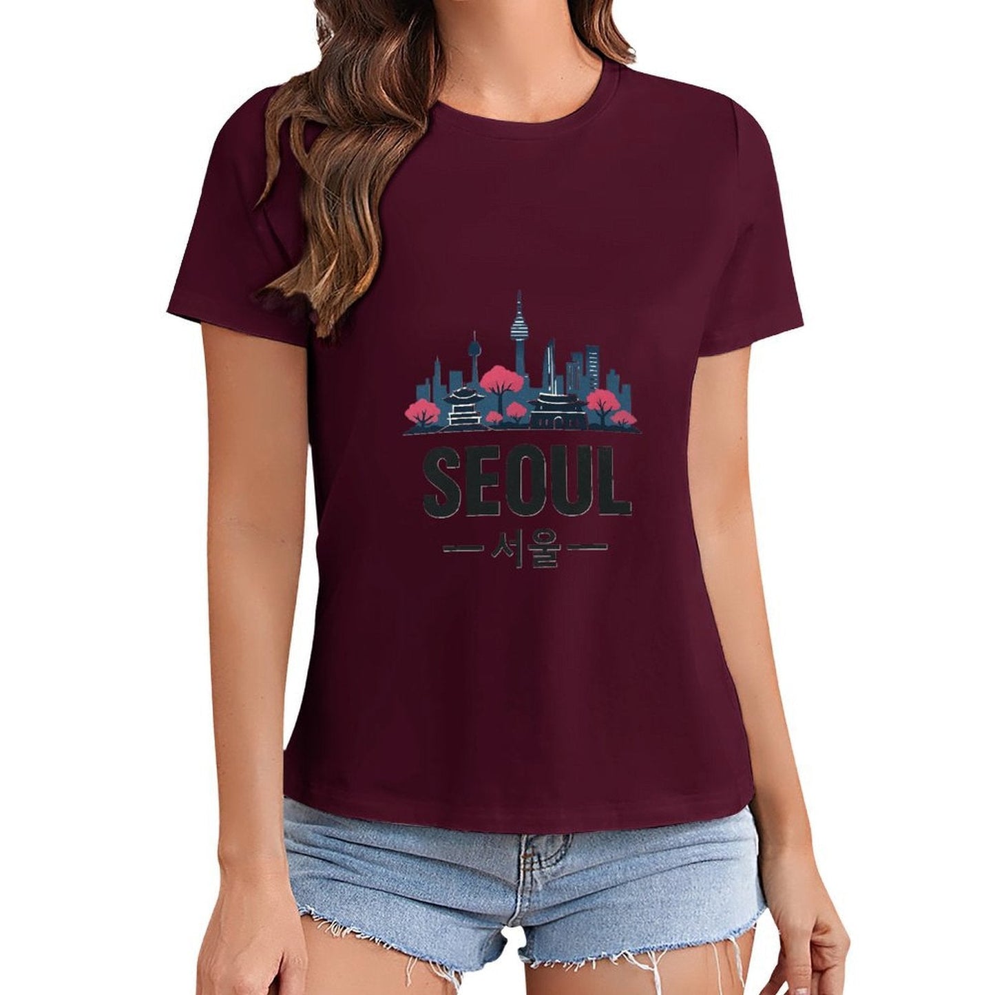 Gildan T-shirt Women Seoul Skyline And Tradition Spring and Summer Round Neck Short - sleeved Tops Women's Casual Sports T-shirt - TrendyLookz