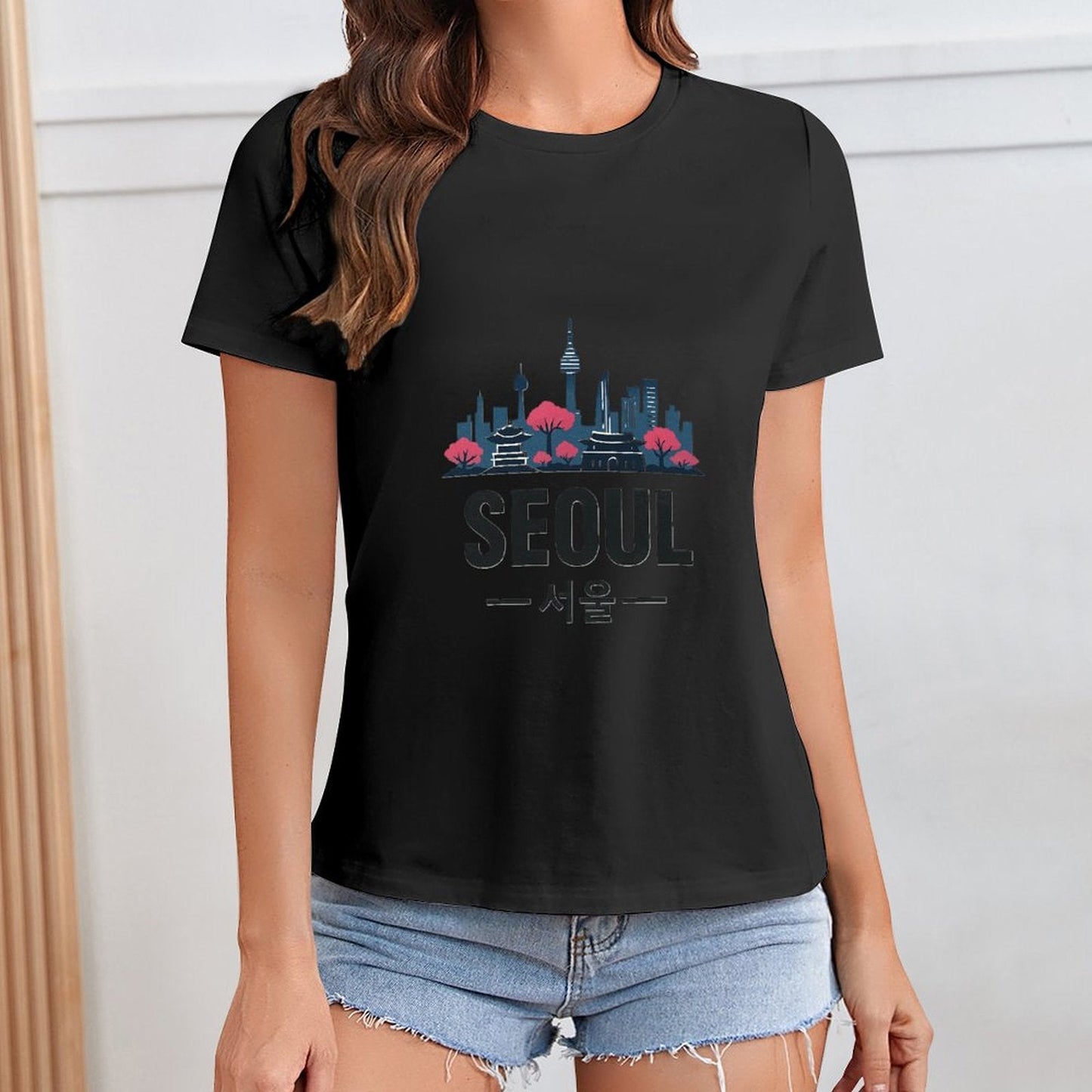 Gildan T-shirt Women Seoul Skyline And Tradition Spring and Summer Round Neck Short - sleeved Tops Women's Casual Sports T-shirt - TrendyLookz
