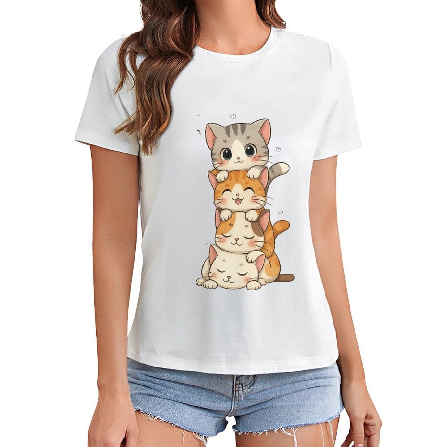 Gildan T-shirt Women Stacked Adorable Sleeping Cats - U1 Spring and Summer Round Neck Short - sleeved Tops Women's Casual Sports T-shirt - TrendyLookz