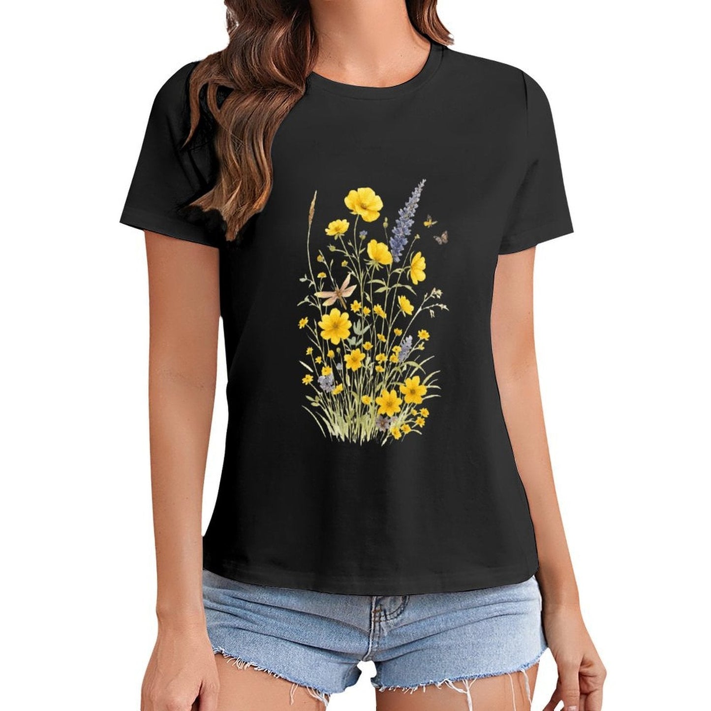 Gildan T-shirt Women Wildflowers And Butterflies Harmony - U1 Spring and Summer Round Neck Short - sleeved Tops Women's Casual Sports T-shirt - TrendyLookz