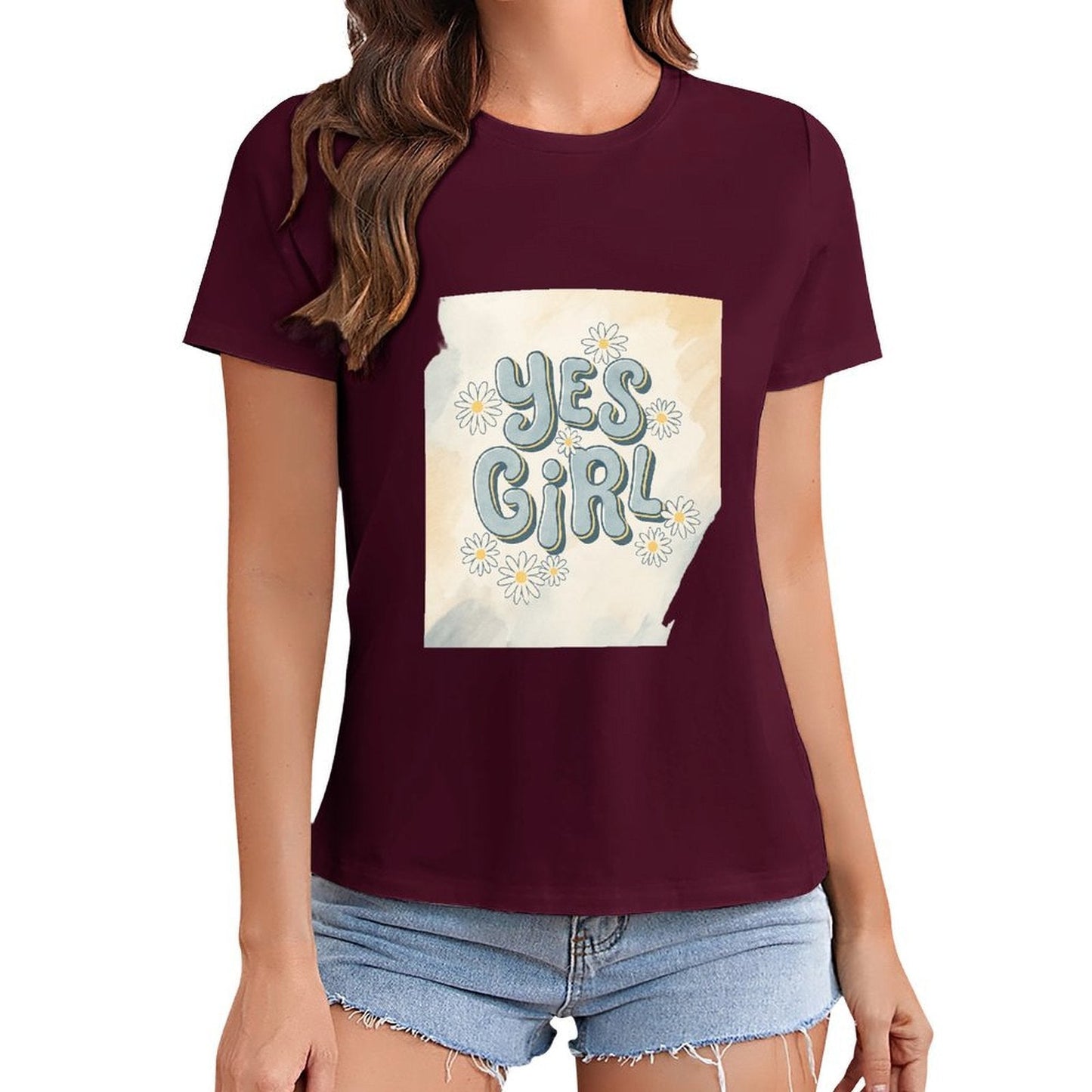Gildan T-shirt Women Yes Girl Floral Affirmation - U1 Spring and Summer Round Neck Short - sleeved Tops Women's Casual Sports T-shirt - TrendyLookz