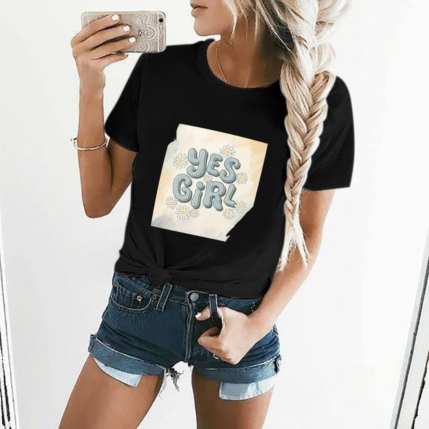 Gildan T-shirt Women Yes Girl Floral Affirmation - U1 Spring and Summer Round Neck Short - sleeved Tops Women's Casual Sports T-shirt - TrendyLookz