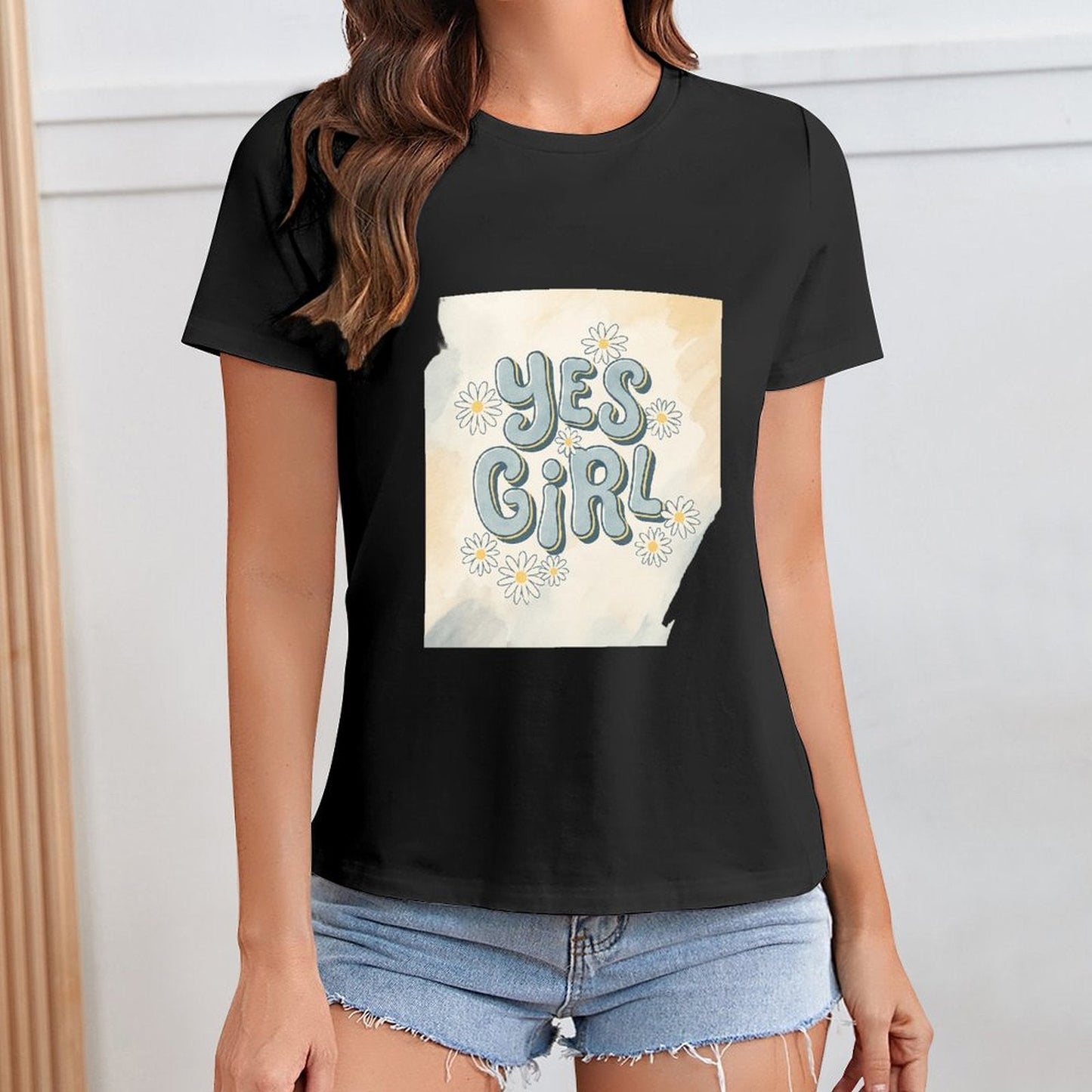 Gildan T-shirt Women Yes Girl Floral Affirmation - U1 Spring and Summer Round Neck Short - sleeved Tops Women's Casual Sports T-shirt - TrendyLookz