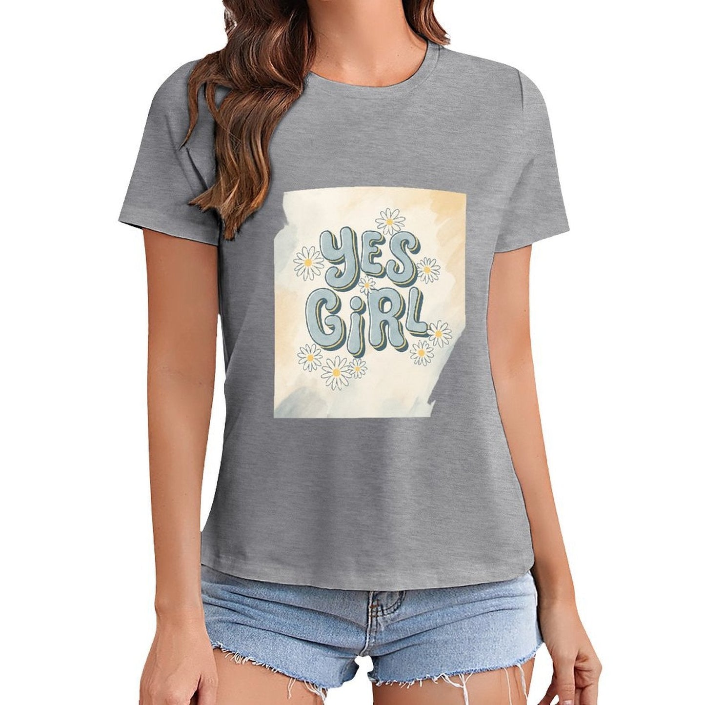 Gildan T-shirt Women Yes Girl Floral Affirmation - U1 Spring and Summer Round Neck Short - sleeved Tops Women's Casual Sports T-shirt - TrendyLookz