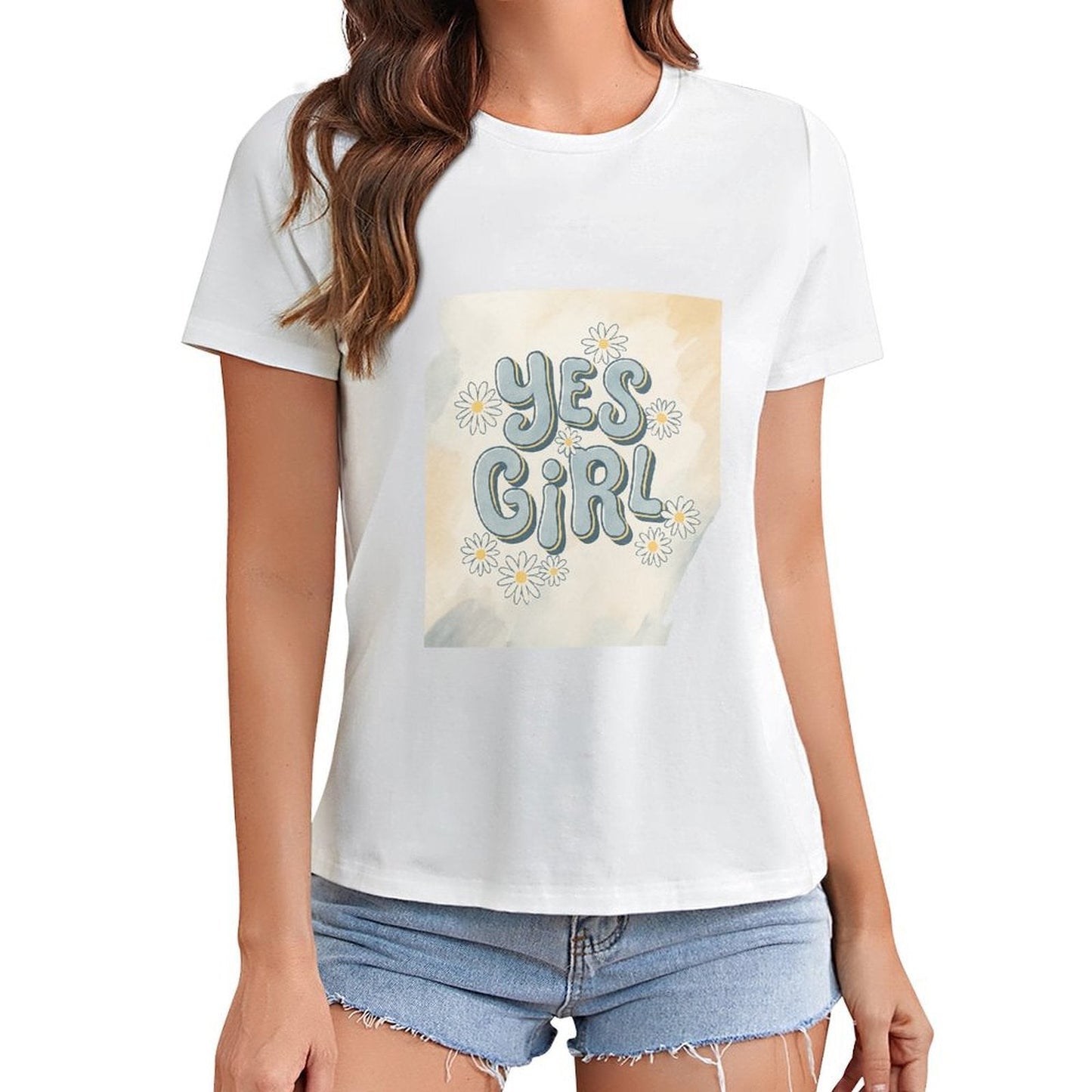 Gildan T-shirt Women Yes Girl Floral Affirmation - U1 Spring and Summer Round Neck Short - sleeved Tops Women's Casual Sports T-shirt - TrendyLookz