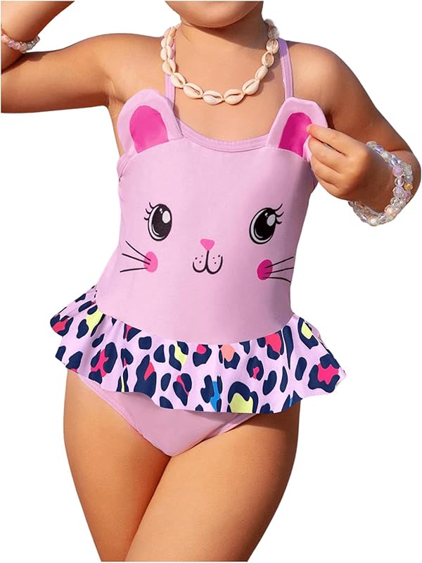 Girl's Cartoon One Piece Swimsuit Ruffle Trim Backless Sleeveless Criss Cross Swimwear Cute Bathing Suit - TrendyLookz