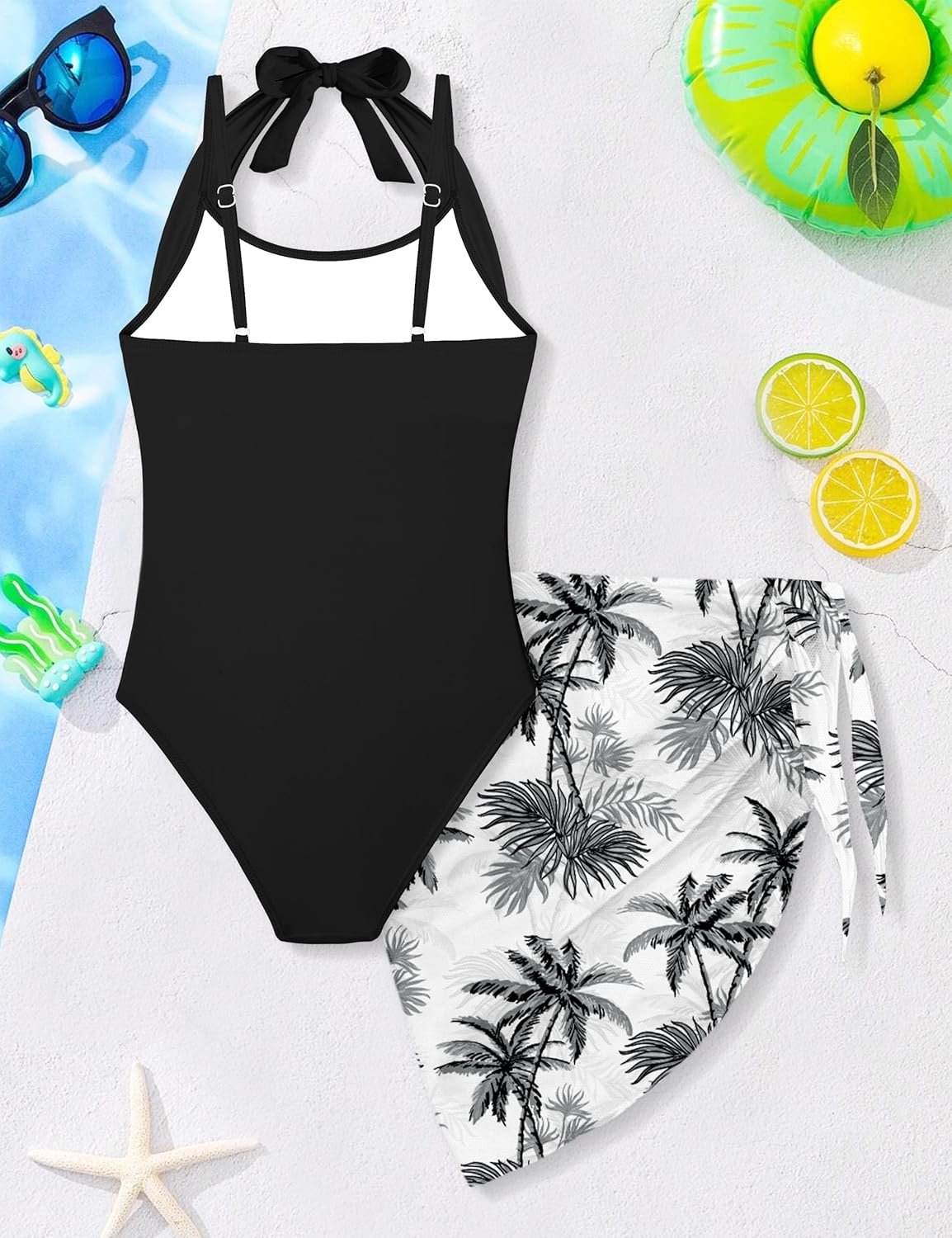Girls Swimsuit Halter Neck One Piece Bathing Suit with Tropical Printed Cover Up Skirt Girls' Swimwear Set 7 - 18Y - TrendyLookz