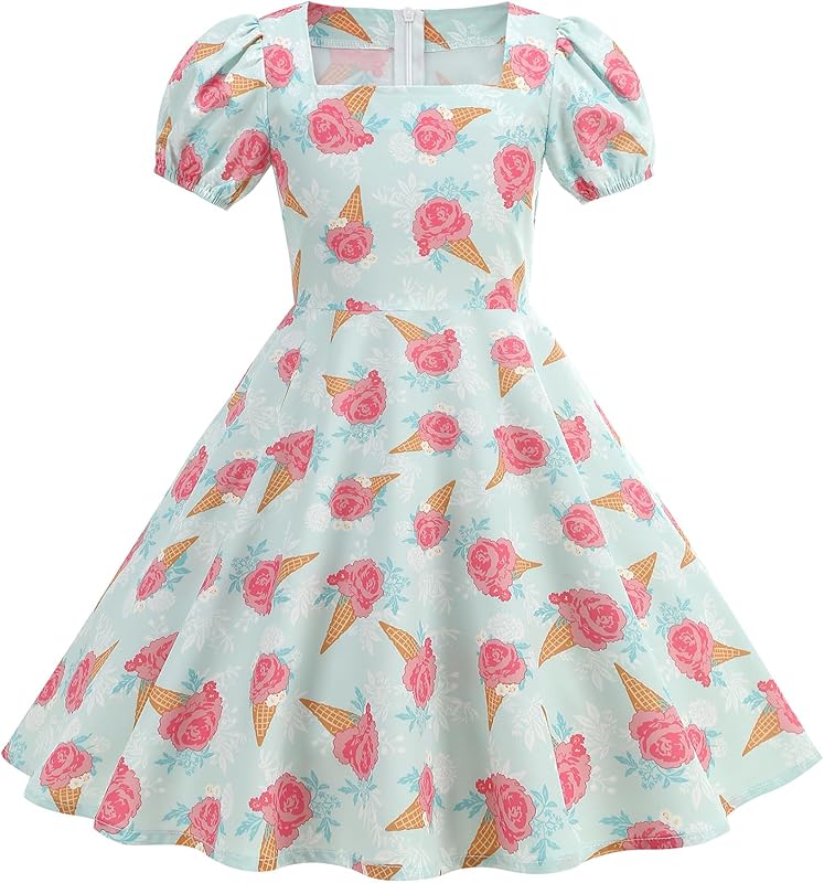 IWEMEK Kids 50s Dresses for Girls 1950s Retro Dress 50's Theme Tea Party Short Sleeve Audrey Hepburn Rockabilly Swing Dress - TrendyLookz