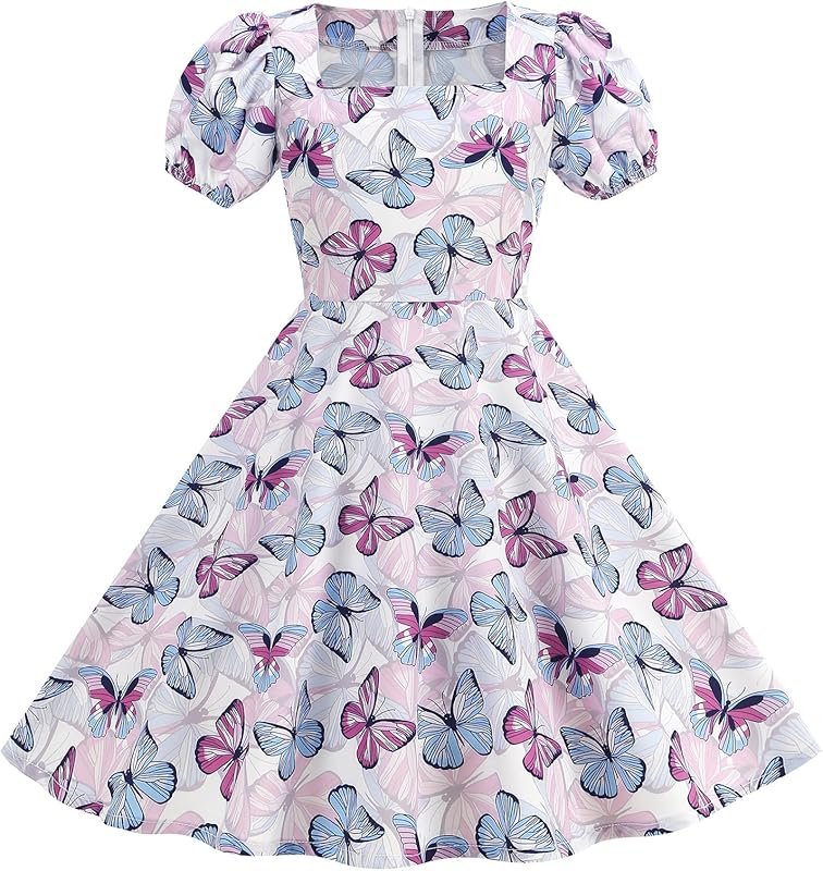 IWEMEK Kids 50s Dresses for Girls 1950s Retro Dress 50's Theme Tea Party Short Sleeve Audrey Hepburn Rockabilly Swing Dress - TrendyLookz