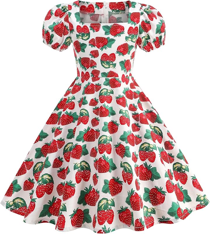 IWEMEK Kids 50s Dresses for Girls 1950s Retro Dress 50's Theme Tea Party Short Sleeve Audrey Hepburn Rockabilly Swing Dress - TrendyLookz