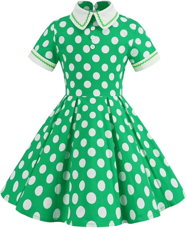Kids Girls Vintage Polka Dot 50's Girls Dress Short Sleeve Turn - Down Collar Swing Dress Party Dress - TrendyLookz