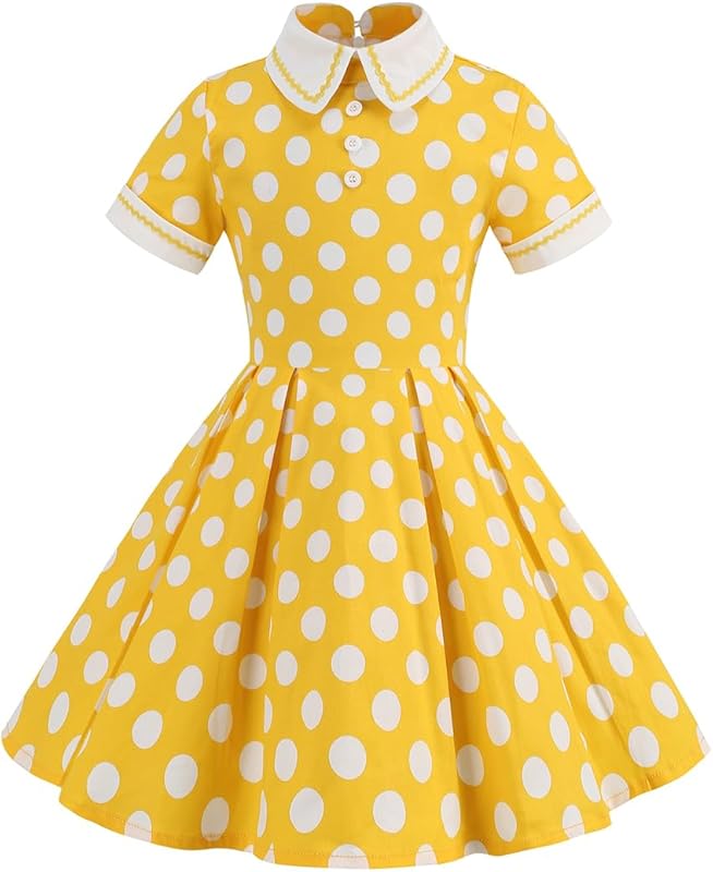 Kids Girls Vintage Polka Dot 50's Girls Dress Short Sleeve Turn - Down Collar Swing Dress Party Dress - TrendyLookz
