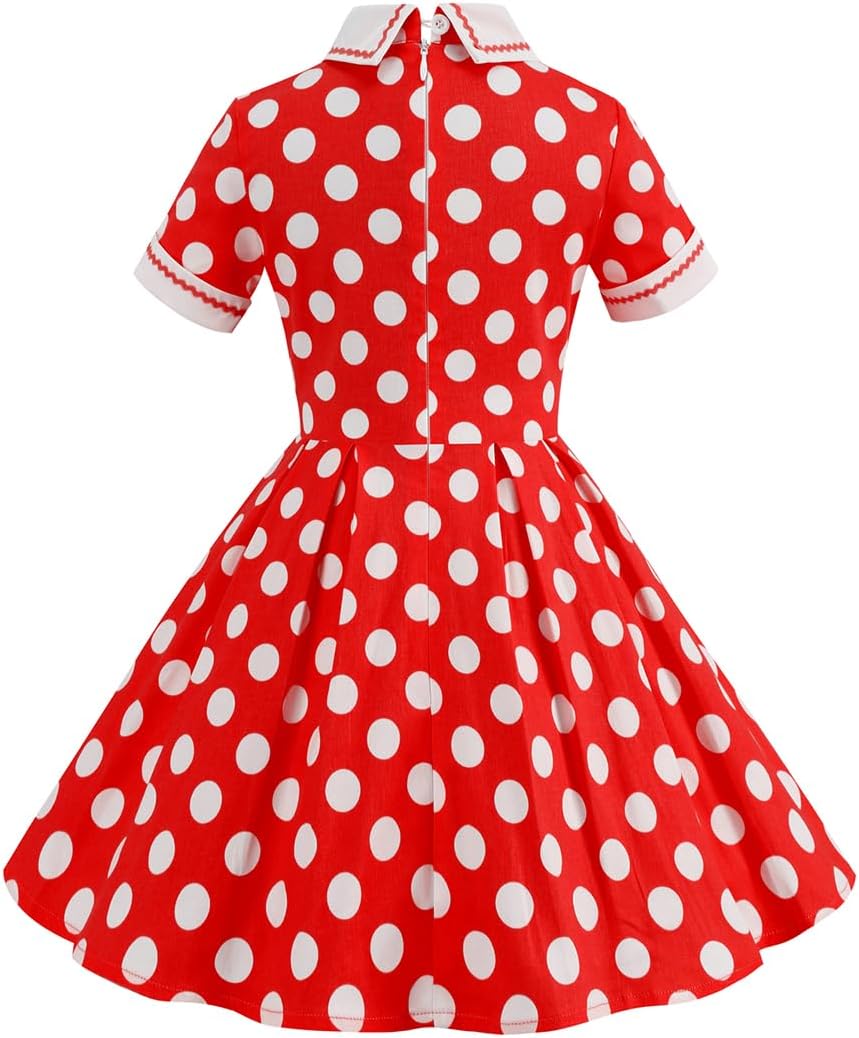 Kids Girls Vintage Polka Dot 50's Girls Dress Short Sleeve Turn - Down Collar Swing Dress Party Dress - TrendyLookz