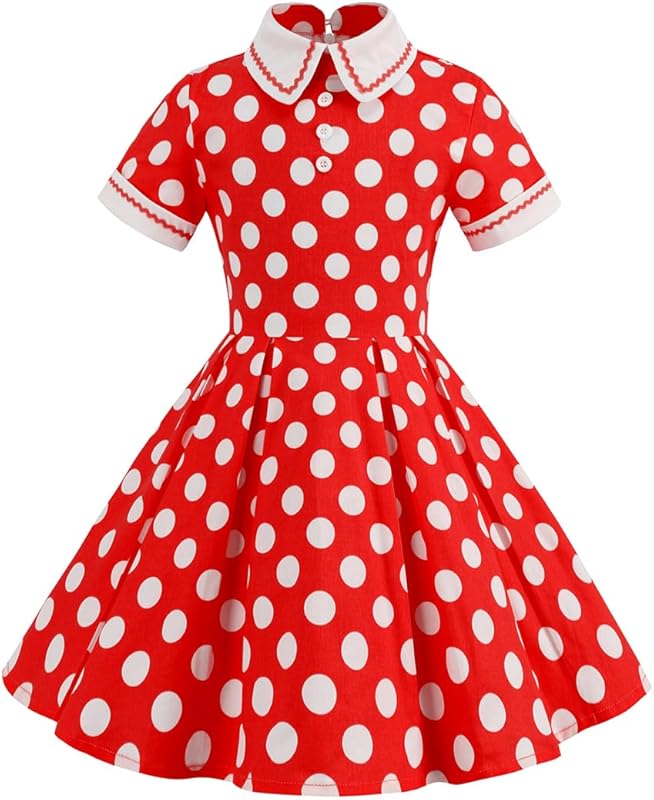 Kids Girls Vintage Polka Dot 50's Girls Dress Short Sleeve Turn - Down Collar Swing Dress Party Dress - TrendyLookz