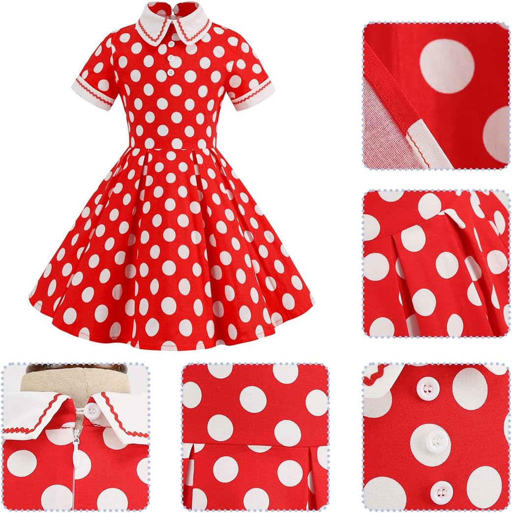 Kids Girls Vintage Polka Dot 50's Girls Dress Short Sleeve Turn - Down Collar Swing Dress Party Dress - TrendyLookz