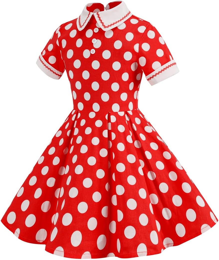 Kids Girls Vintage Polka Dot 50's Girls Dress Short Sleeve Turn - Down Collar Swing Dress Party Dress - TrendyLookz