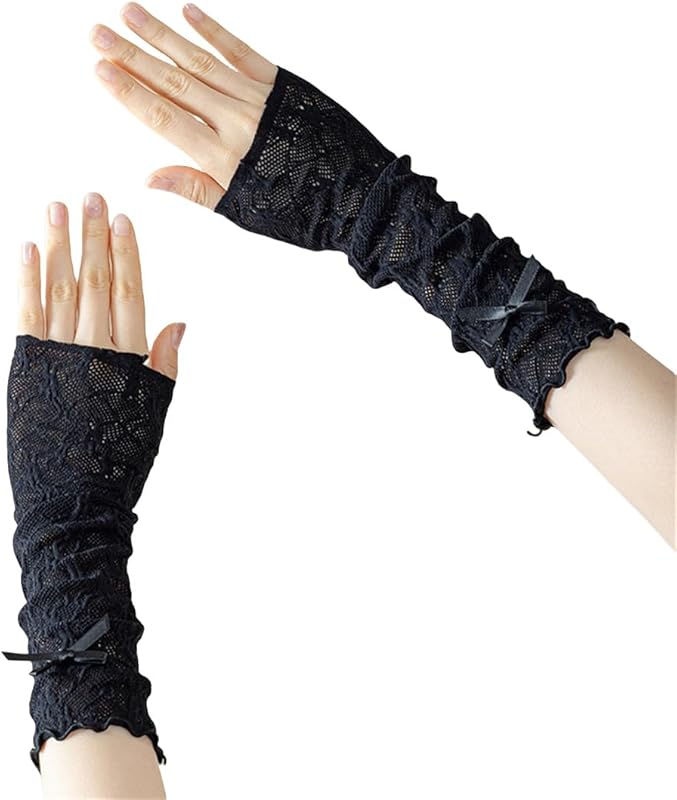 Mrotrida Women's Jk Lace Fingerless Gloves Black Gothic DIY Strapping Sunscreen Sleeve Elastic Mesh Punk Gloves - TrendyLookz