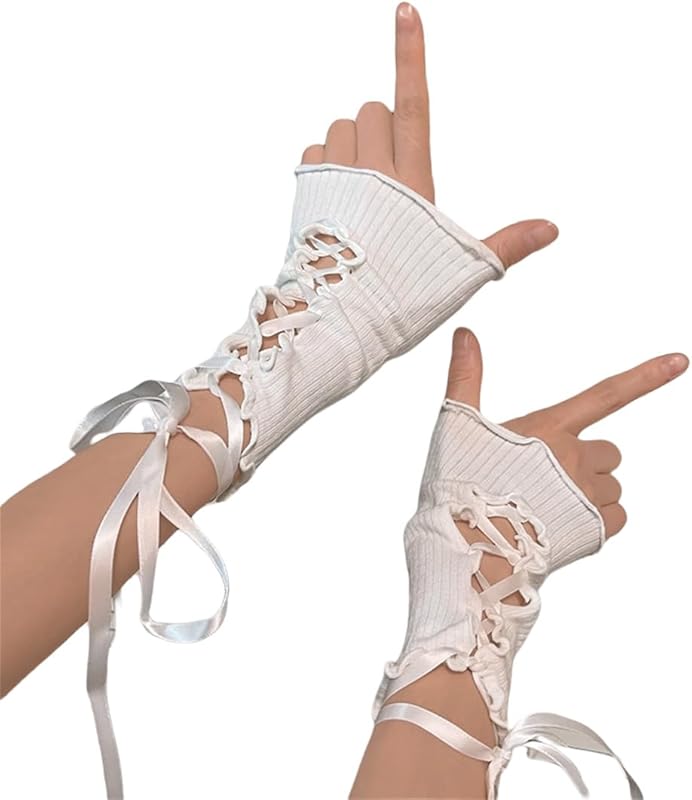 Mrotrida Women's Jk Lace Fingerless Gloves Black Gothic DIY Strapping Sunscreen Sleeve Elastic Mesh Punk Gloves - TrendyLookz