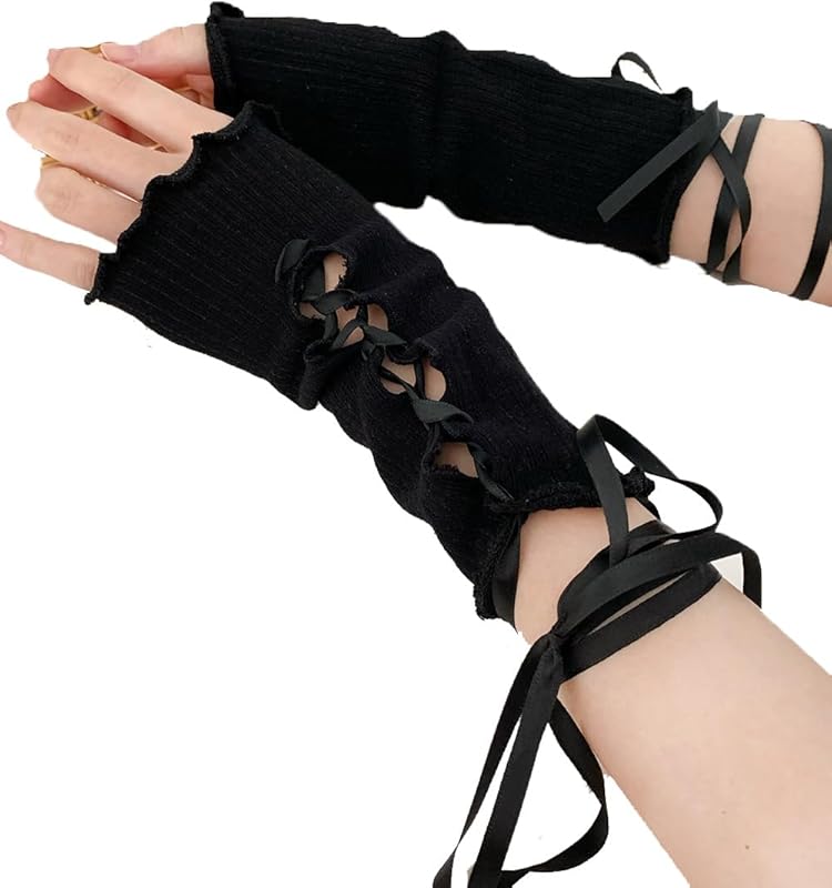 Mrotrida Women's Jk Lace Fingerless Gloves Black Gothic DIY Strapping Sunscreen Sleeve Elastic Mesh Punk Gloves - TrendyLookz