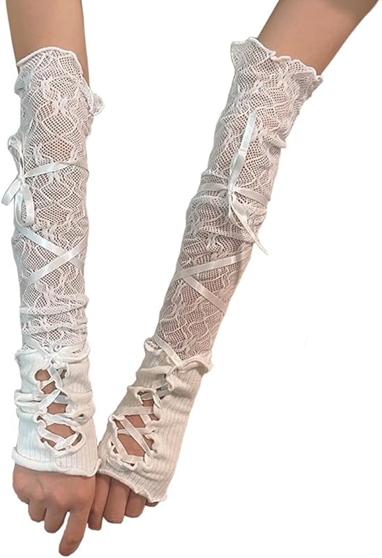 Mrotrida Women's Jk Lace Fingerless Gloves Black Gothic DIY Strapping Sunscreen Sleeve Elastic Mesh Punk Gloves - TrendyLookz