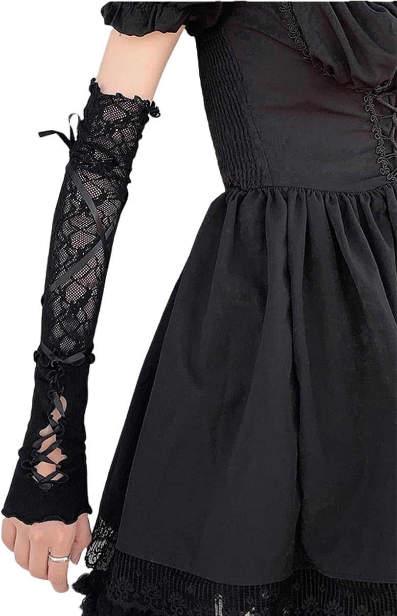 Mrotrida Women's Jk Lace Fingerless Gloves Black Gothic DIY Strapping Sunscreen Sleeve Elastic Mesh Punk Gloves - TrendyLookz